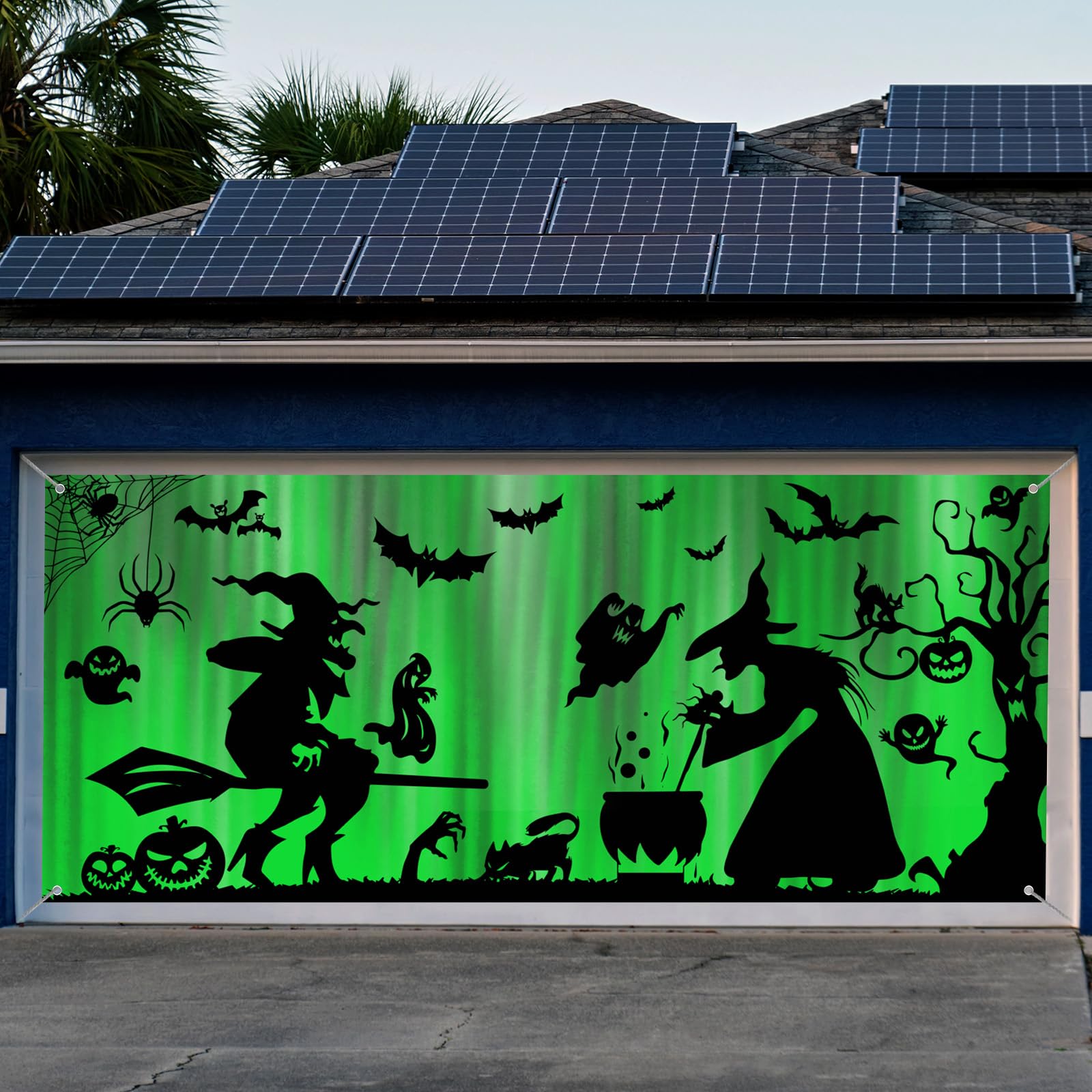 Preboun Halloween Garage Door Decorations Witch Halloween Garage Door Cover 6.9 x 15.7 ft Ghost Bat Garage Door Banner Large Backdrop with Grommets for Halloween Yard Front Porch Wall Decorations