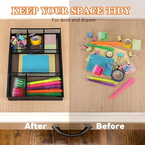 Miniatura 6 de Juego de 4 bandejas organizadoras de cajones de escritorio, organizadores de cajones de escritorio de malla de metal negro y accesorios con