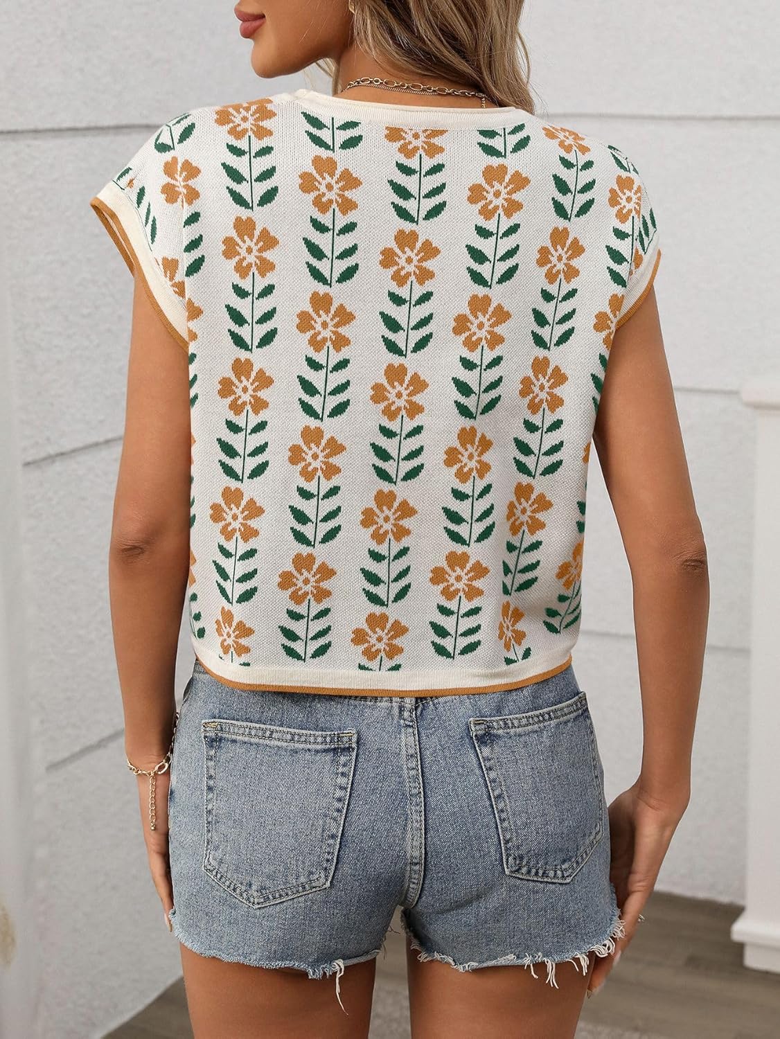 Womens Spring Trendy Crop Tops Crew Neck Cap Sleeve Cute Flower Knit Sweater Summer Trendy Vacation Pullover Tops - Image 6