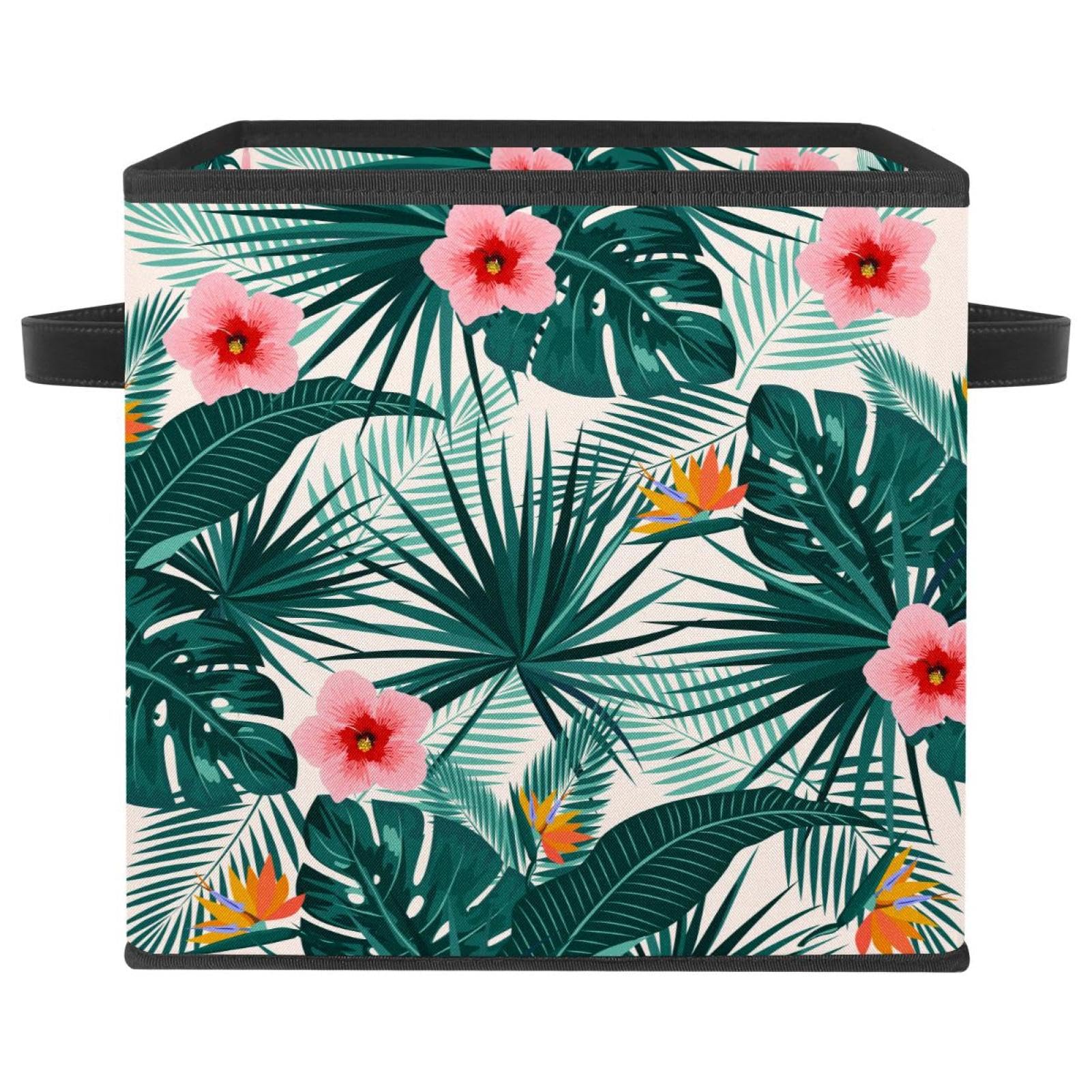 Boîte de rangement pliable motif floral tropical cube en tissu avec poignées