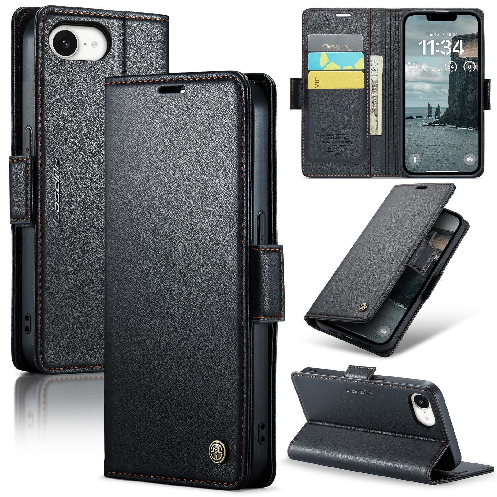 ReHowy iPhone 17e/16e 対応 ケース 手帳型 PUレザー 携帯便利 アイフォン 17e 保護カバー 衝撃防止 擦り傷防止 全面保護 磁気バックル付き スタンド機能付き カード収納 コイン収納 実用性高 携帯カバー レトロ iPhone 17E/16E 用 手帳型 ケース ブラック