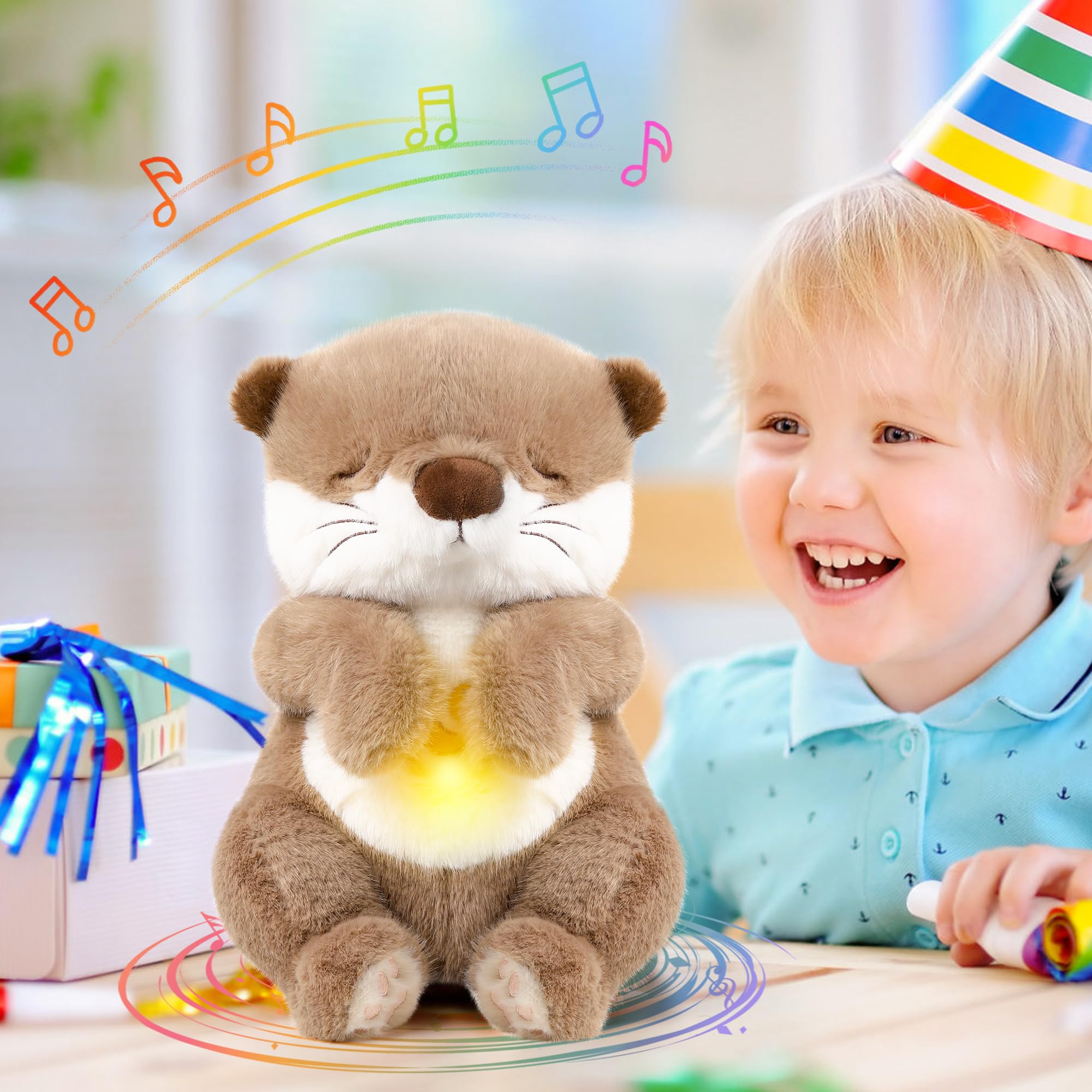 Peluche Nutria con Respiración Simulada, Luz Nocturna y Música Relajante – Muñeco Sensorial para Dormir, Alivia la Ansiedad en Bebés y Adultos (Nutria Bebé)