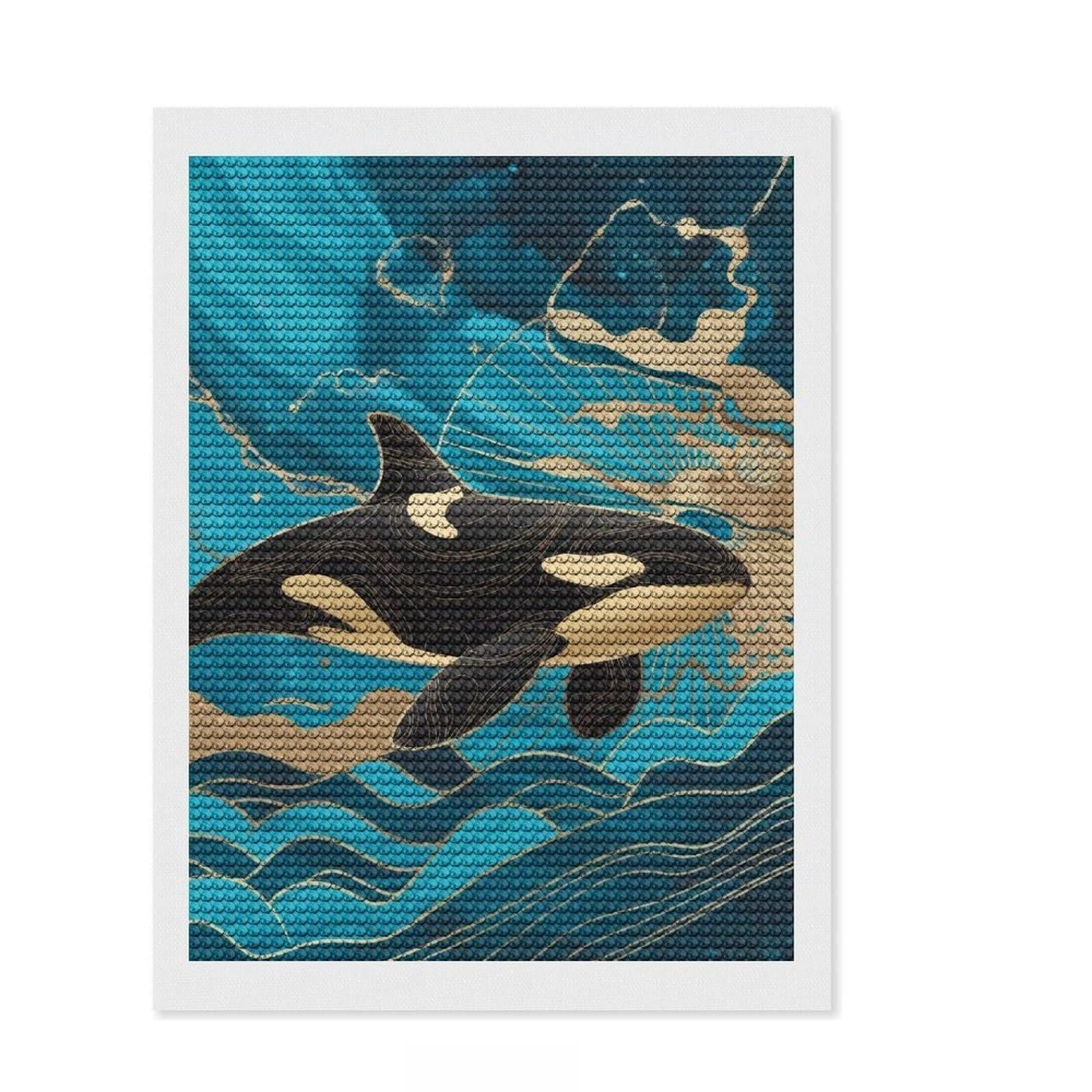 Junmoney Elegant Orca Whale in Ocean Round Drill Diamond Painting 12"x16", for Creative Relaxation, Full Kit Included, Boho Decor, Gift Idea