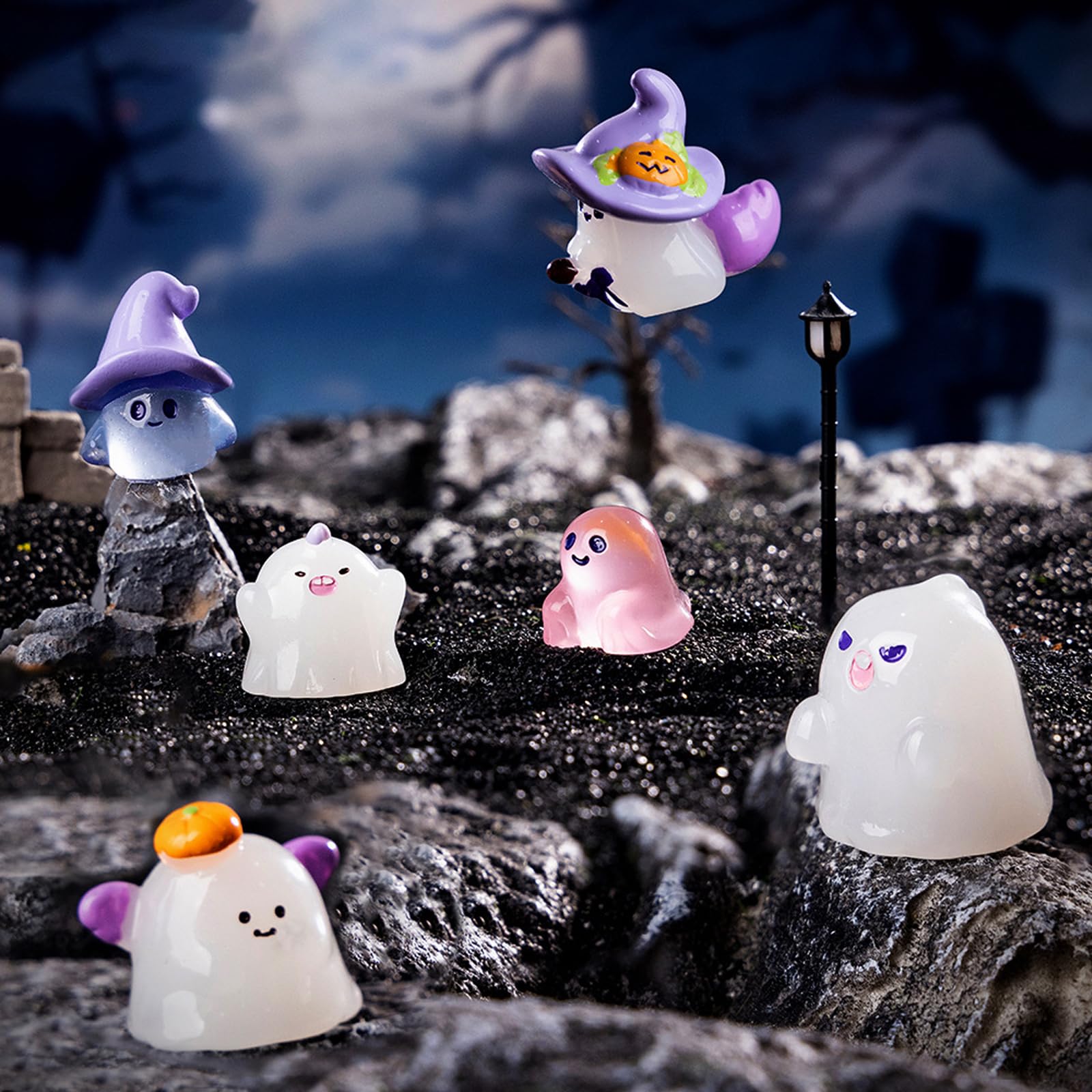 Booaee Świecące miniaturki na Halloween, 30 sztuk, świecące figurki na Halloween, świecąca dekoracja do użytku na zewnątrz, z nietoperzami, dynią, duchem, duchem, Halloween, dekoracja stołu, figurka