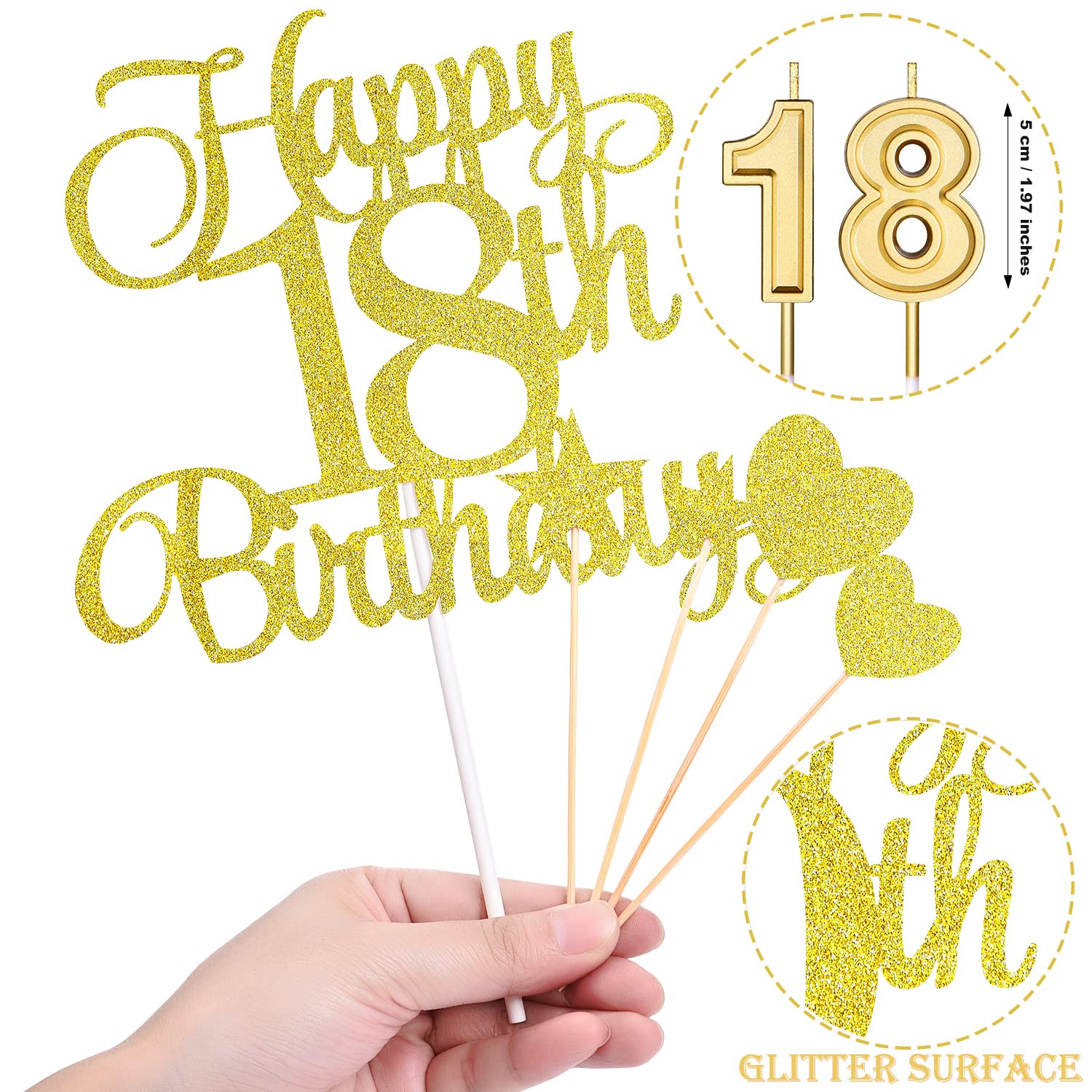 18th Birthday Cake Decorations Set Include 18th Birthday Candles Numeral 18 Cake Candles and Happy 18th Birthday Cake Toppers with Heart Star Cupcake Picks for Birthday Party (Gold Series)