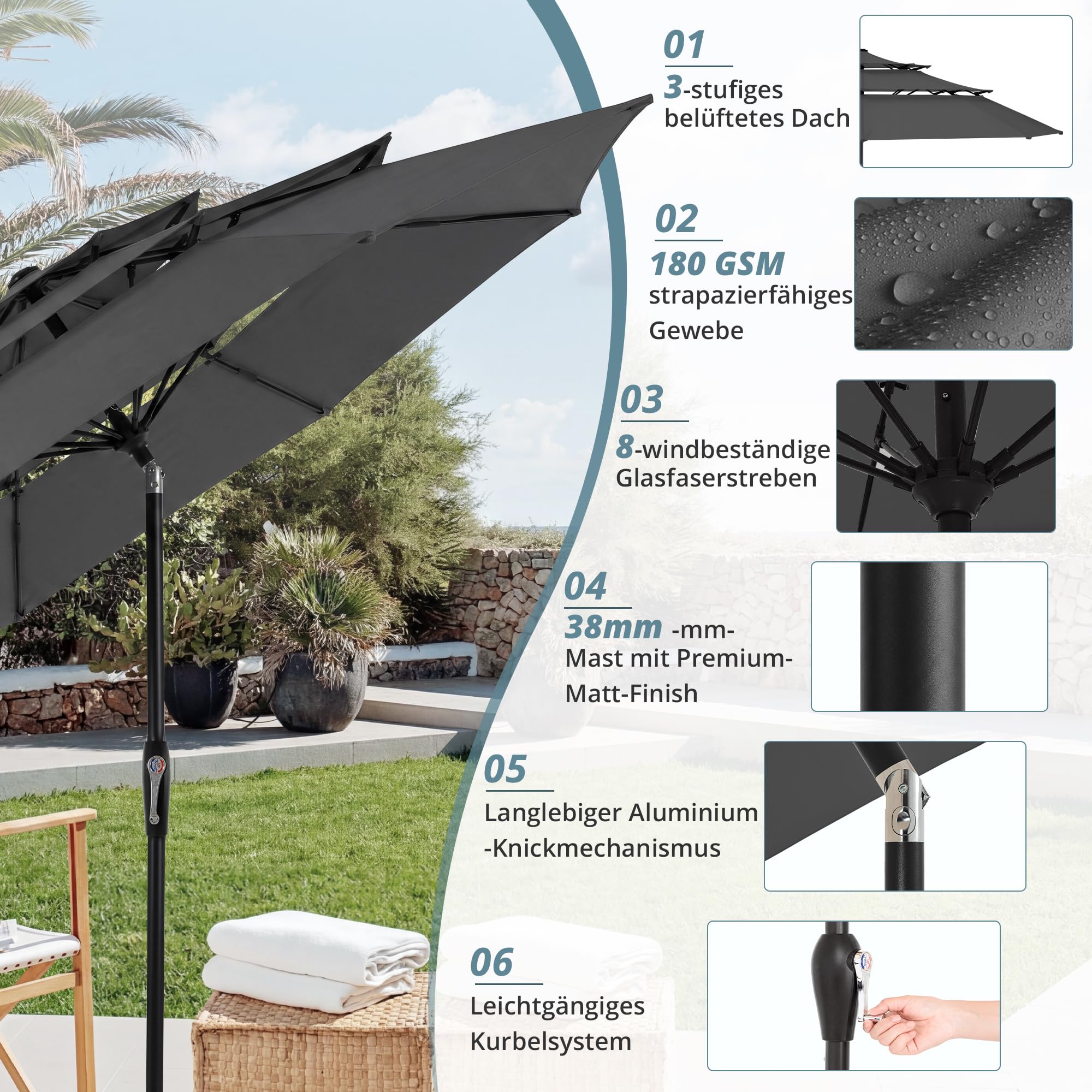 LUE BONA Sonnenschirm Ø300 cm,Sonnenschirm mit 3-Stufges Belüftetes Dach,Knickbar Marktschirm Windfest mit 8 Glasfaserstreben & Kurbel,UPF 50+ Terrassenschirm für 8 Personen,Anthrazit (Ohne Sockel)