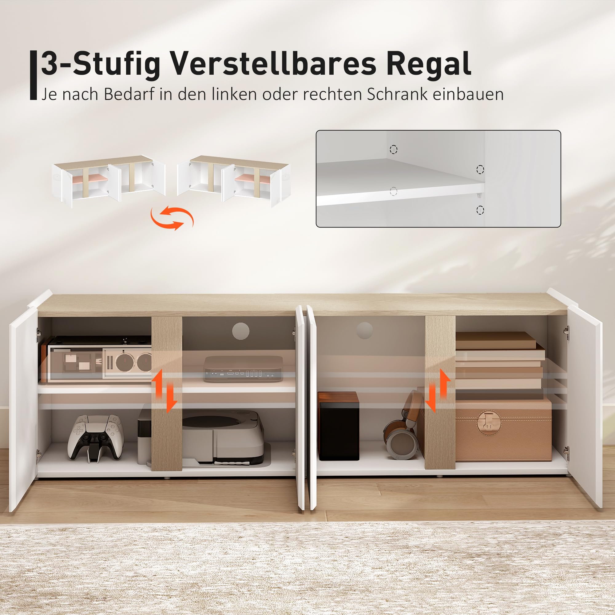 HOMCOM TV Schrank Lowboard für Fernseher bis 65 Zoll 135 cm lang Weiß