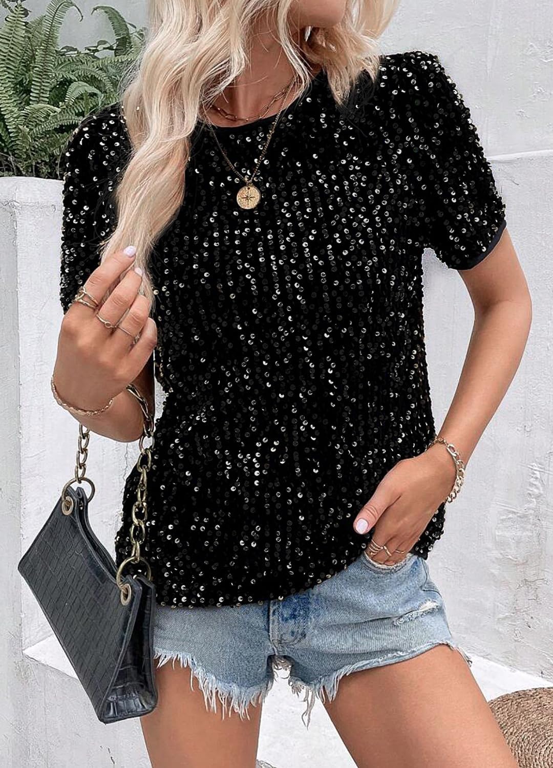 Women's Sparkle Sequins T Shirts Casual Short Sleeve Top Shimmer Going Out Rave Top Tee - Image 2