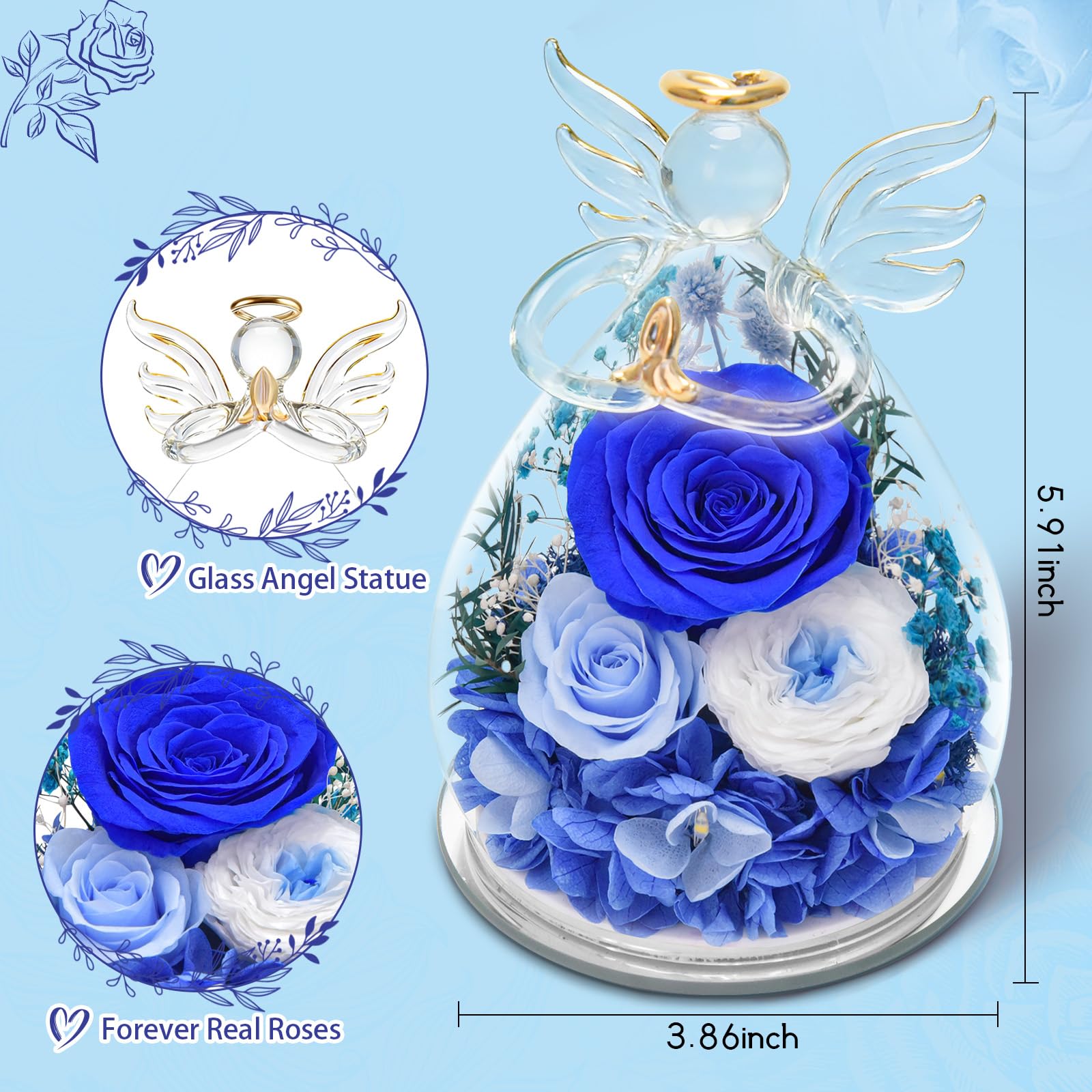 Regalos de Angel Rosa Eterna para Mamá, Regalo para Madre Abuela Novia, Regalo del Día de la Madre Flor Eterna con LED (1 Azul + 1 Azul Claro + 1 Rosa Blanca)