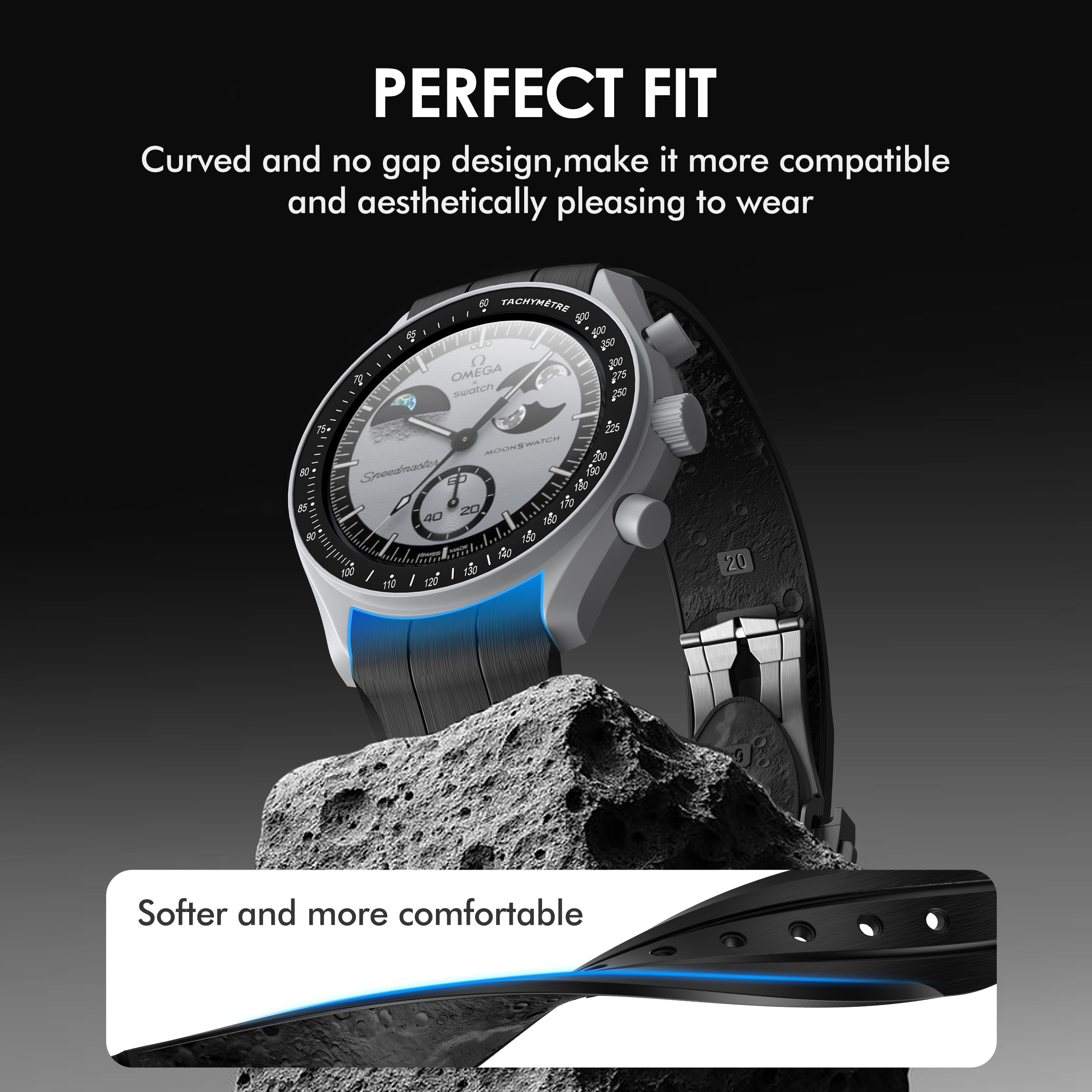 Armband für Omega X Swatch MoonSwatch Watch 20 mm, Faltschnalle, Mondbodenstruktur, kompatibel mit Omega Swatch Moonswatch Speedmaster, gebogen, keine Lücken, Ersatzband für Damen und Herren - 3