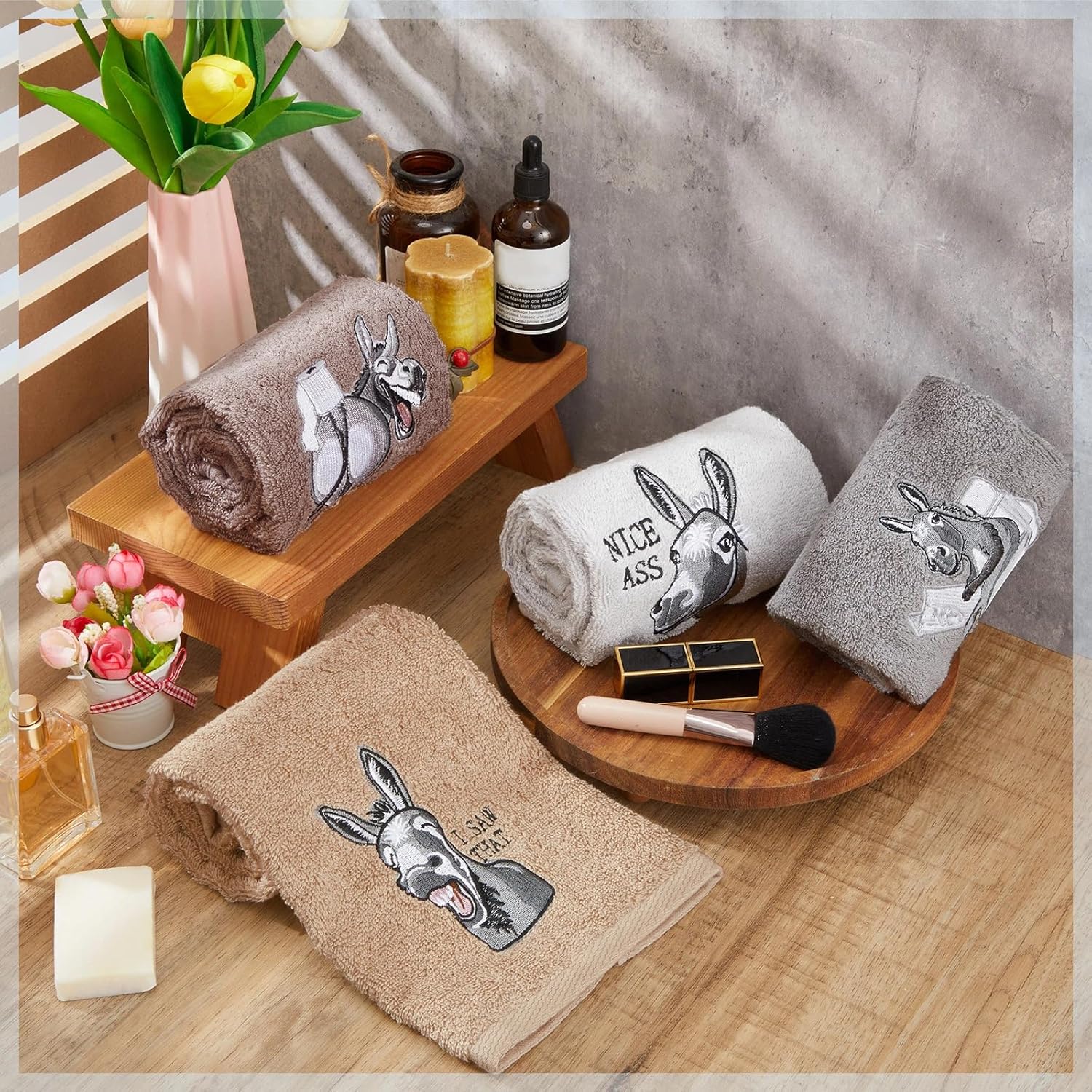 4 PCS Funny Donkey Hand Towels for Bathroom 29 x 13 Farmhouse Bathroom Western Decor Home Decoration Hello Sweet Cheeks Farmhouse Decorative Donkey Hand Towels - Image 2