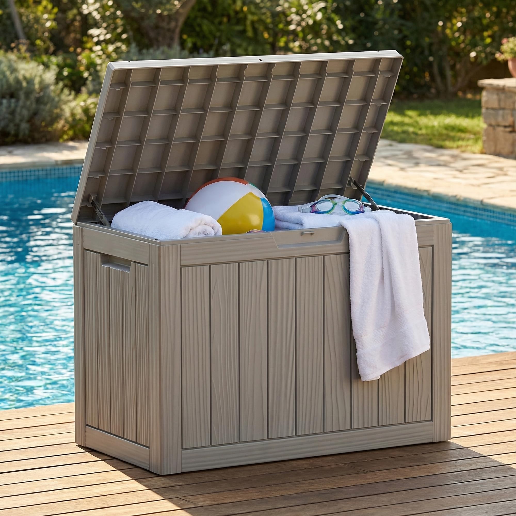 AKORD Coffre de Jardin Imperméable 170L, Boîte de Rangement Extérieur pour Balcon et Terrasse, Polypropylène Aspect Bois, 77,5 x 43 x 55,5 cm, Gris