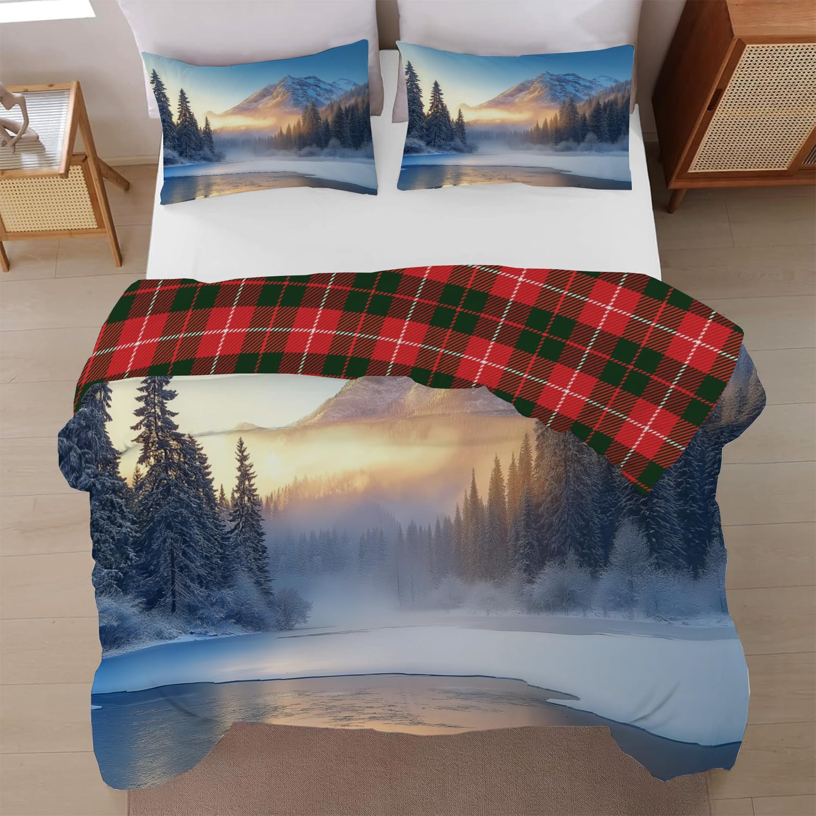 Couette 240x220 avec taies motif montagnes et lac parure lit 2 personnes