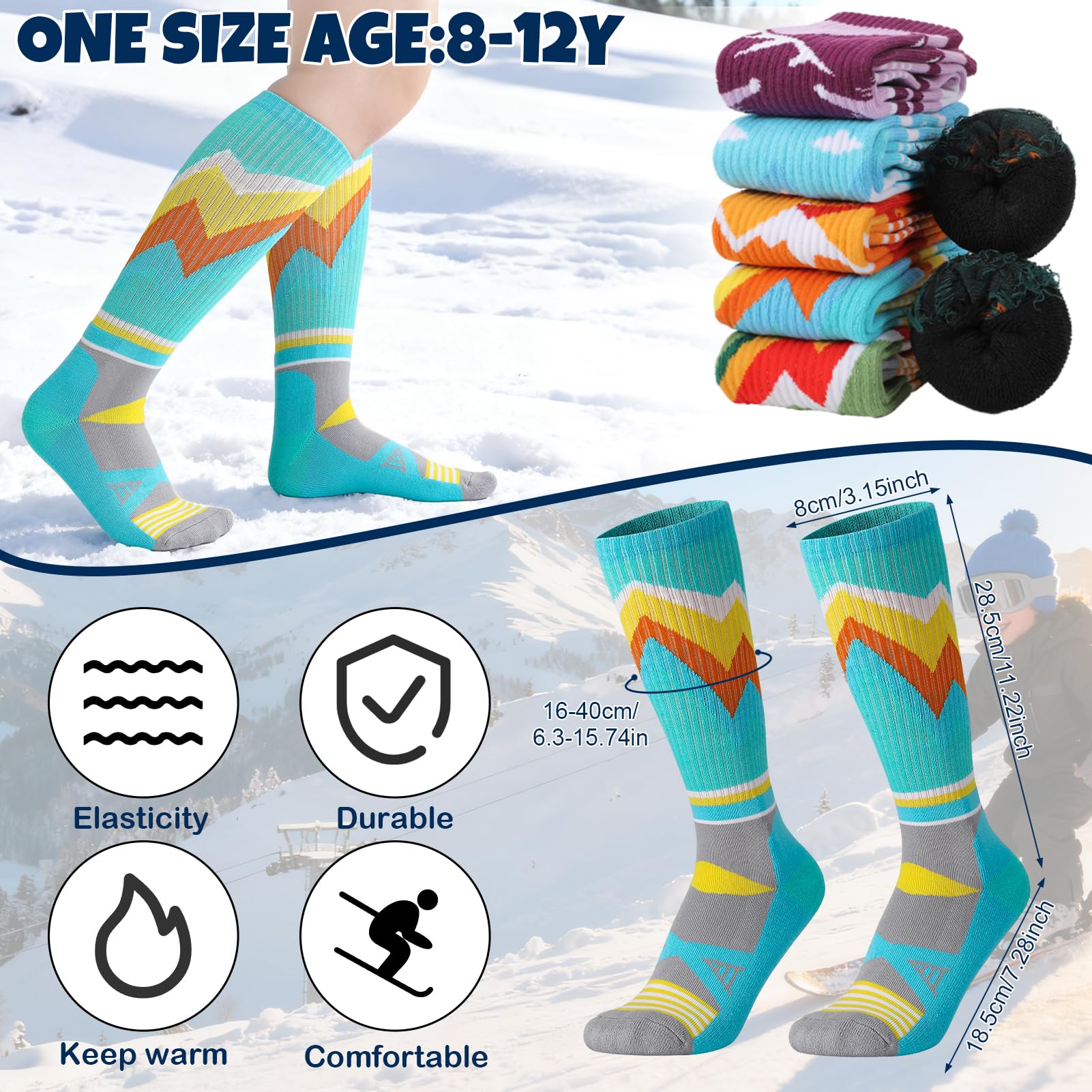 Lot de 6 paires de chaussettes de ski thermiques épaisses en laine mérinos pour garçons et filles - Chaussettes d'hiver pour le ski, le snowboard, la randonnée, les enfants de 8 à 12 ans