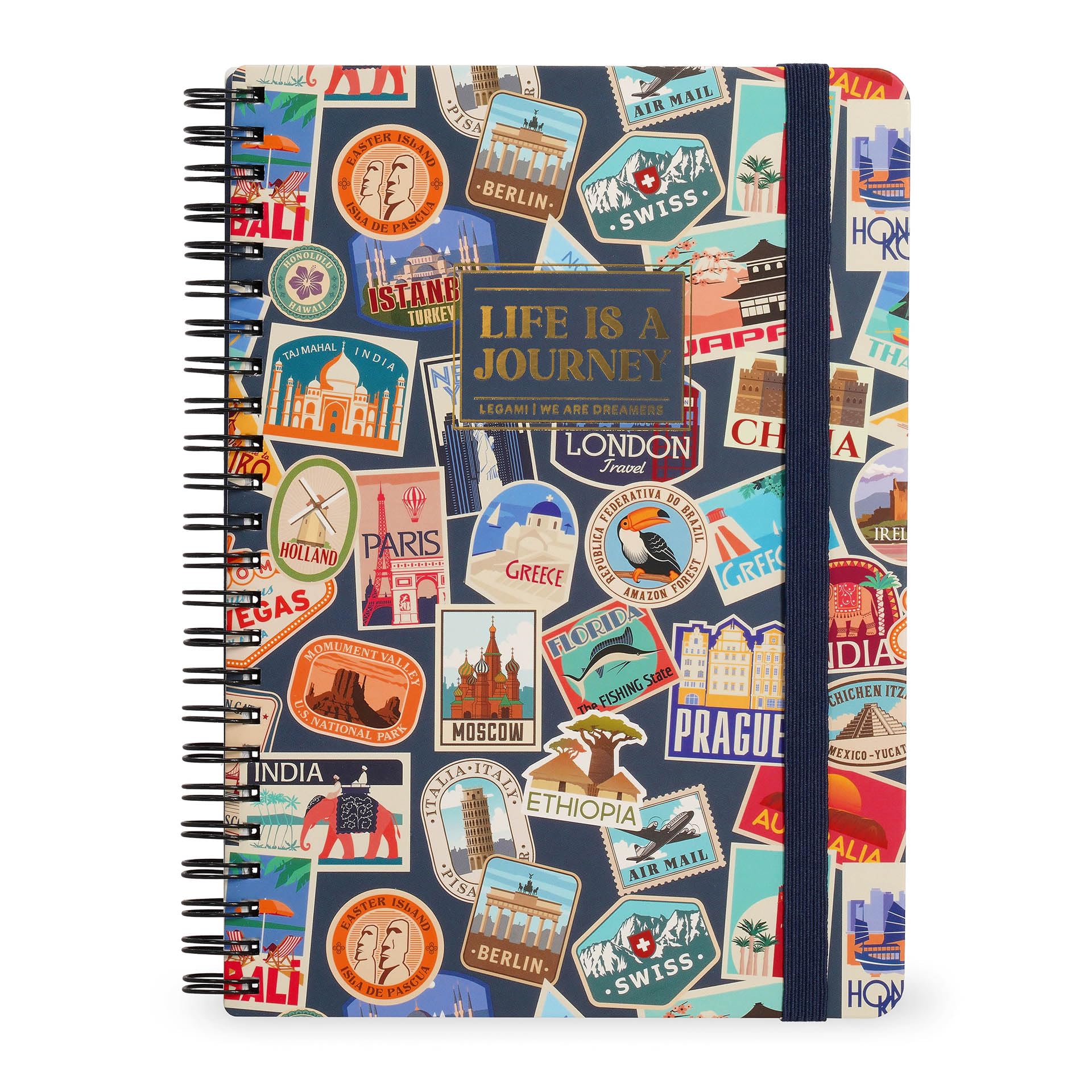Legami - Notebook, lined, 7 mm, travel stickers, A4 format, maxi, made of FSC certified paper, contains 1 sheet of stickers, 160 pages, closure with elastic, 21 x 29 cm