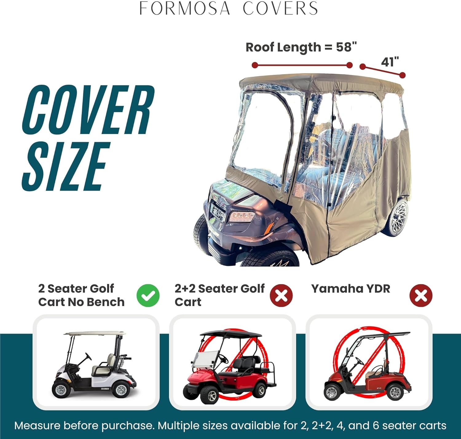 Formosa Covers | 2 Passenger Driving Golf Cart Enclosure Golf Cart Rain Cover, Winter Cover - Strong YKK Door Zipper - Fits EZGO, Club Car, Onward, Yamaha Buggy with Standard Roof up to 58"