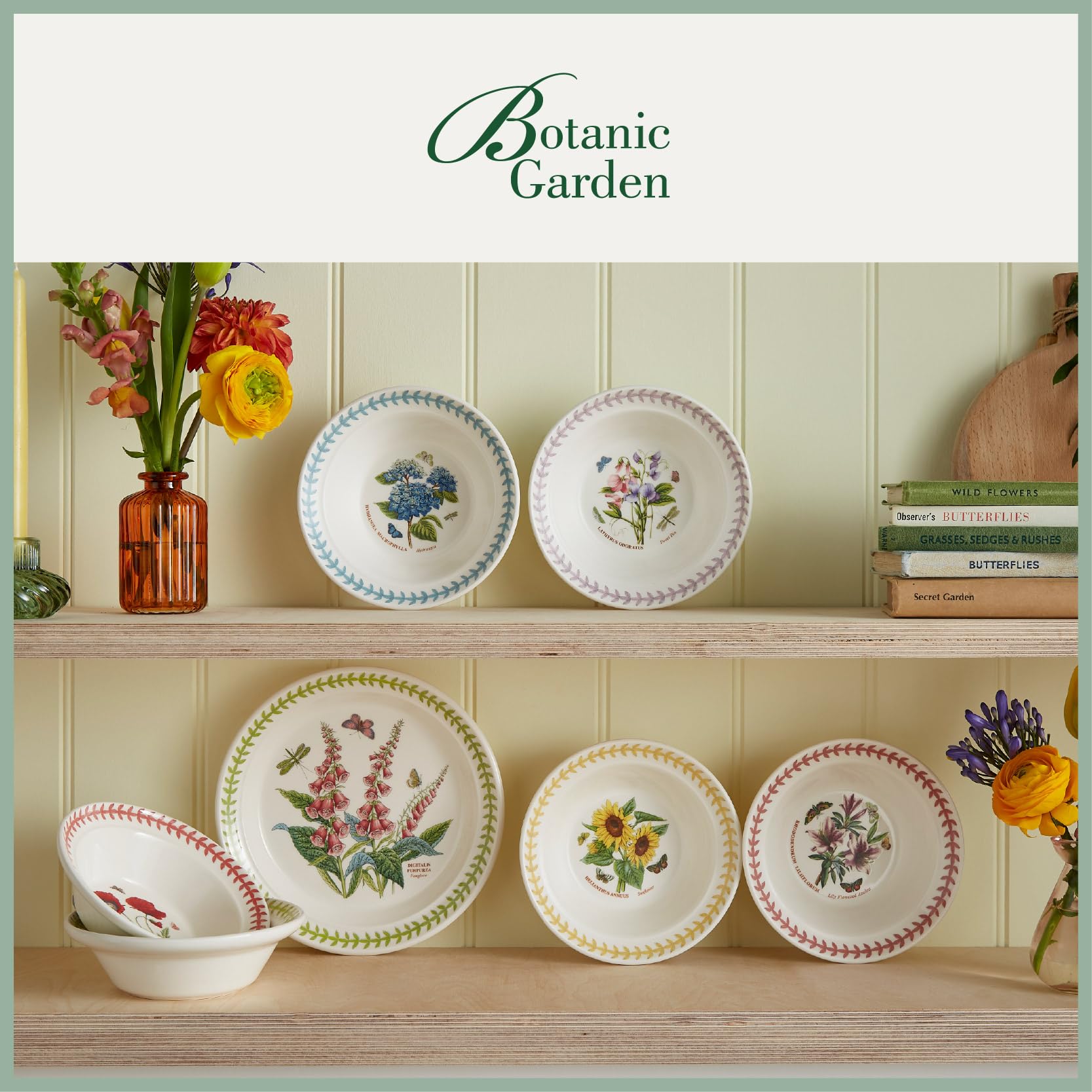 Portmerion Botanic Garden Meadow – okrągła miska na płatki owsiane 16,5 cm (zestaw 6 sztuk) | Różne kwiaty z kolorowym obramowaniem liści laurowych, ceramika, nadaje się do kuchenki mikrofalowej i