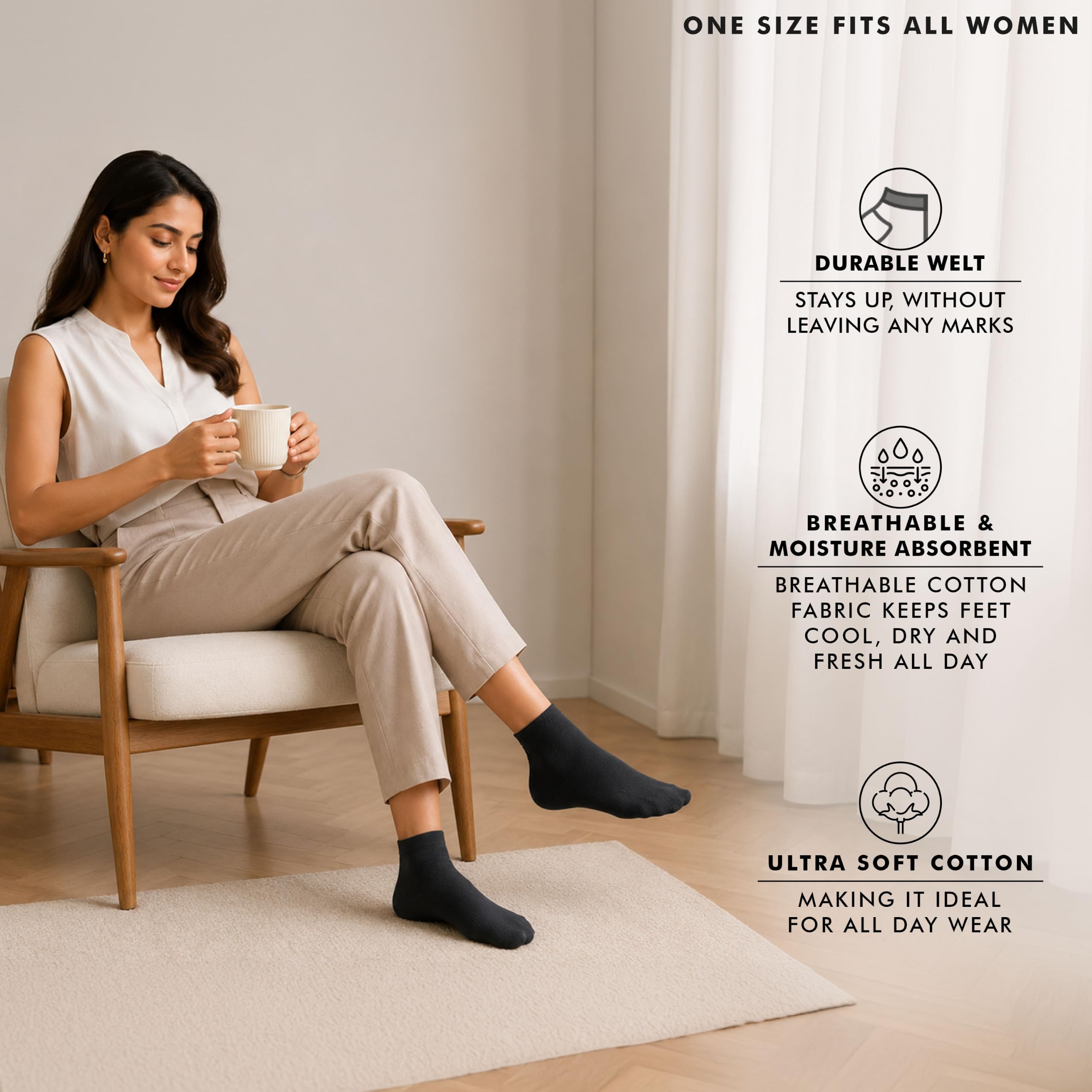 Supersox Ankle Length Casual Socks for Woman | Premium Cotton | Anti-Odour & Anti-Bacterial | Breathable Casual Socks for Daily Wear, Gym & Office | Free Size 1