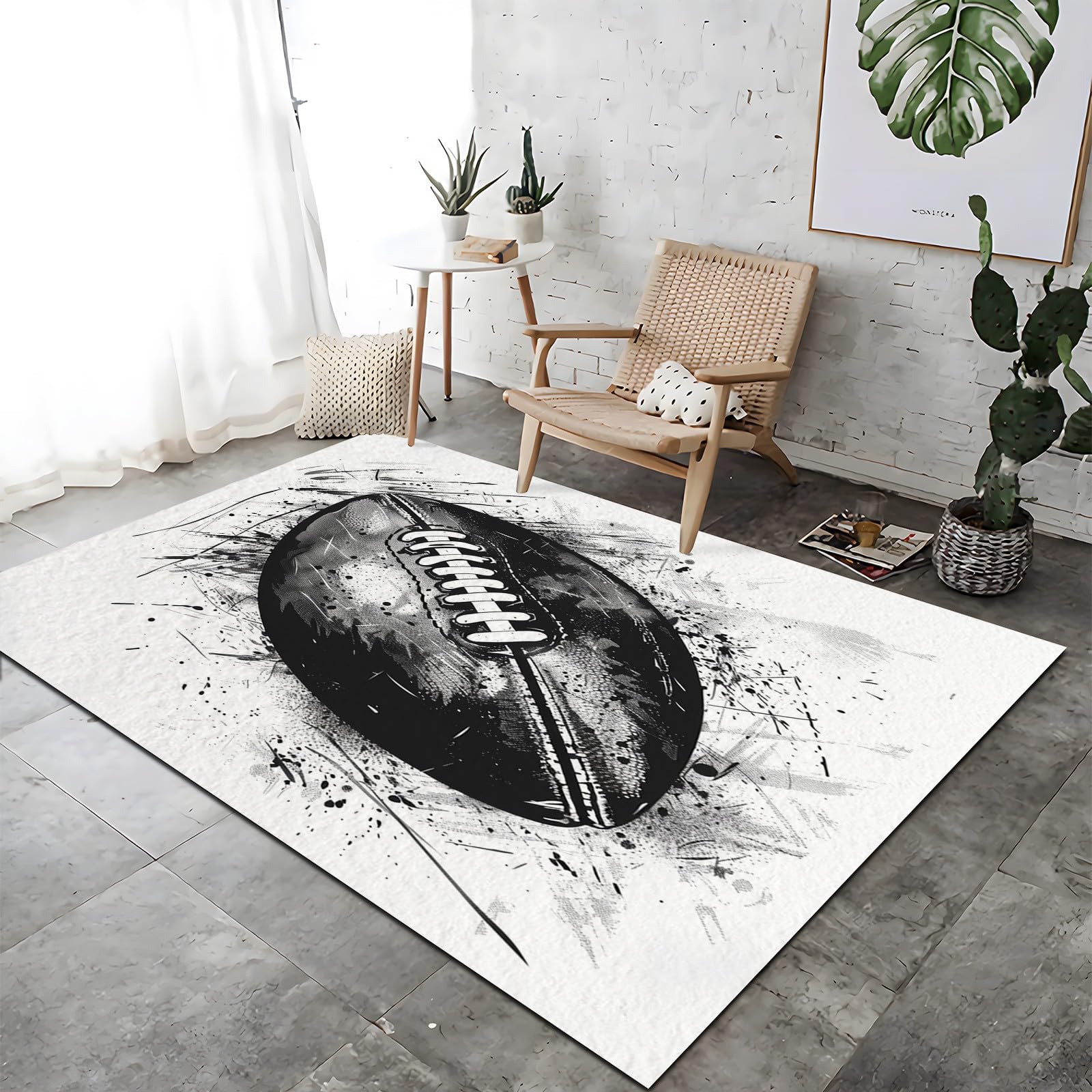 Tapis Lavable en Machine 80x150 cm Modèle Dessiné À La Main De Rugby, Moquette Poils Courts Doux, Antidérapant Résistant pour Salon Chambre d'enfant Entrée
