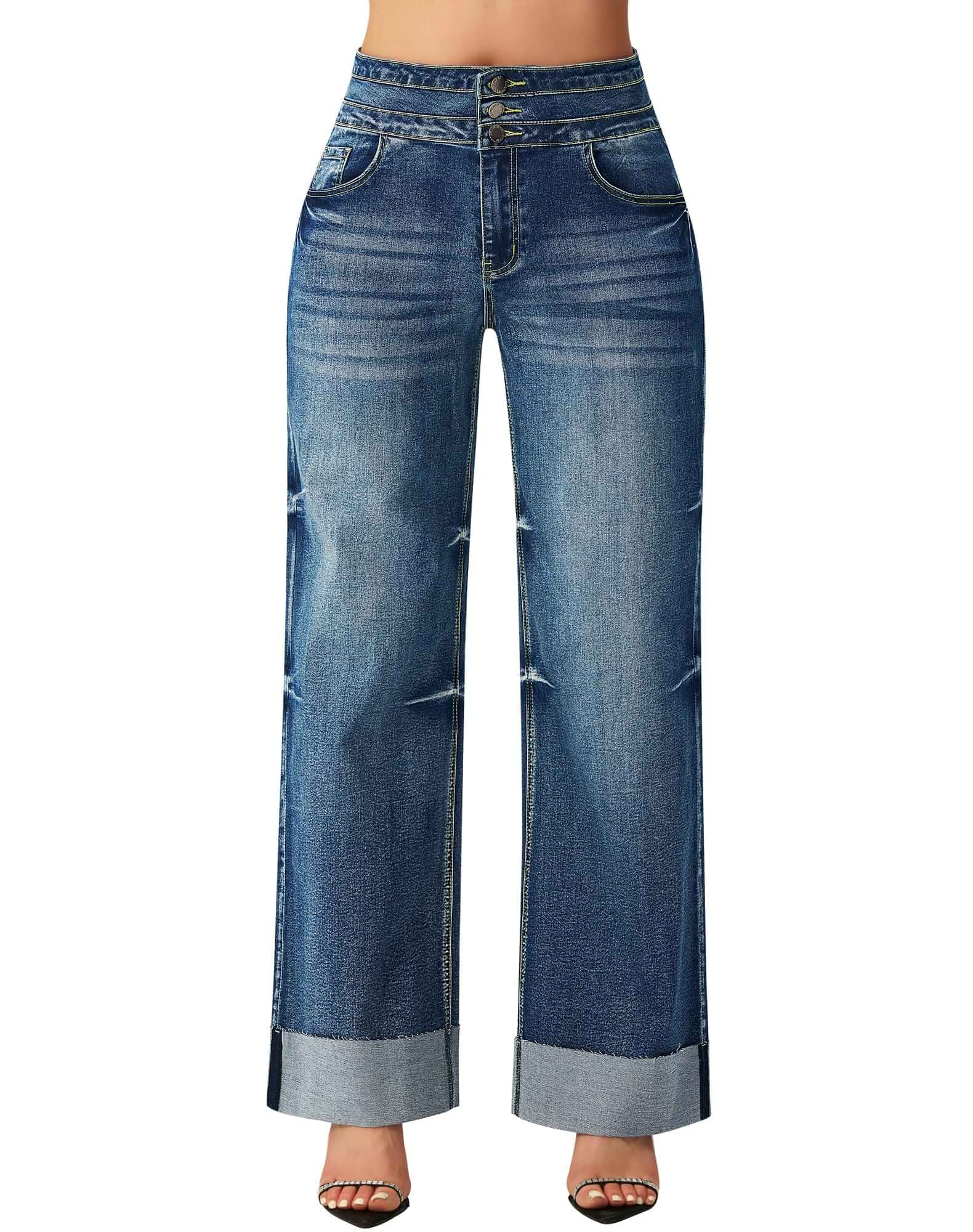 roswear Women's High Waisted Wide Leg Jeans Stretchy Denim Pants, 11inch High Rise, Large Cuffed, Soft Material, Casual Everyday Wear, Machine Wash Cold