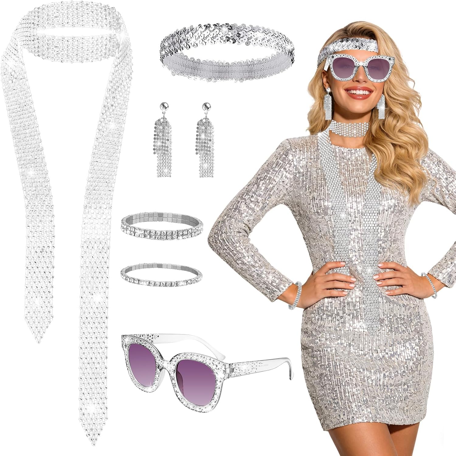 6 Pieces Costume Disco Accessories, Costumes 70s Women Disco Accessories, Sequins Headband, Sunglasses Earrings Scarf Bracelet for Women 70s 80s Disco Party, Carnival