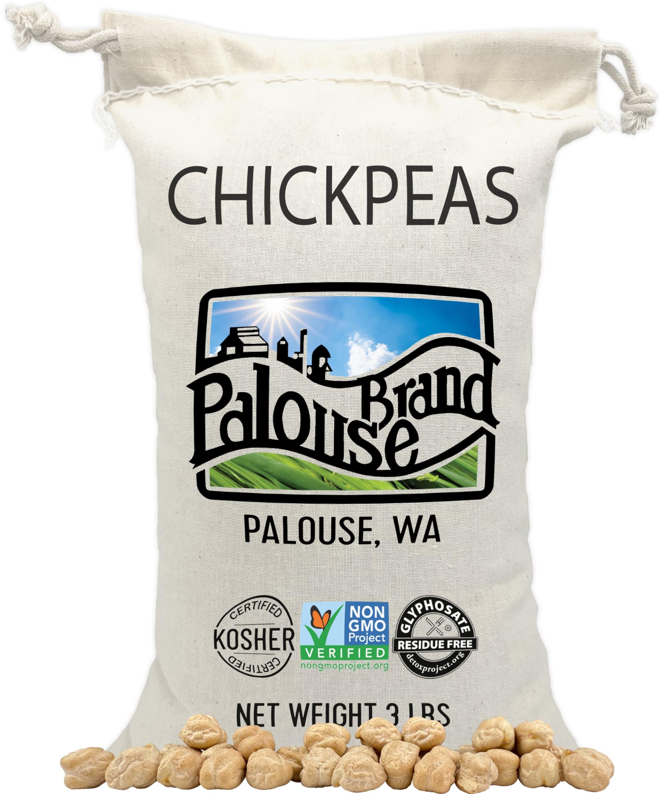 Palouse Brand Certified Glyphosate Residue Free Chickpeas | 3 LBS | Family Farmed in Washington State | Desiccant Free | Non-GMO Project Verified | Kosher Parve | Cotton Drawstring Bag