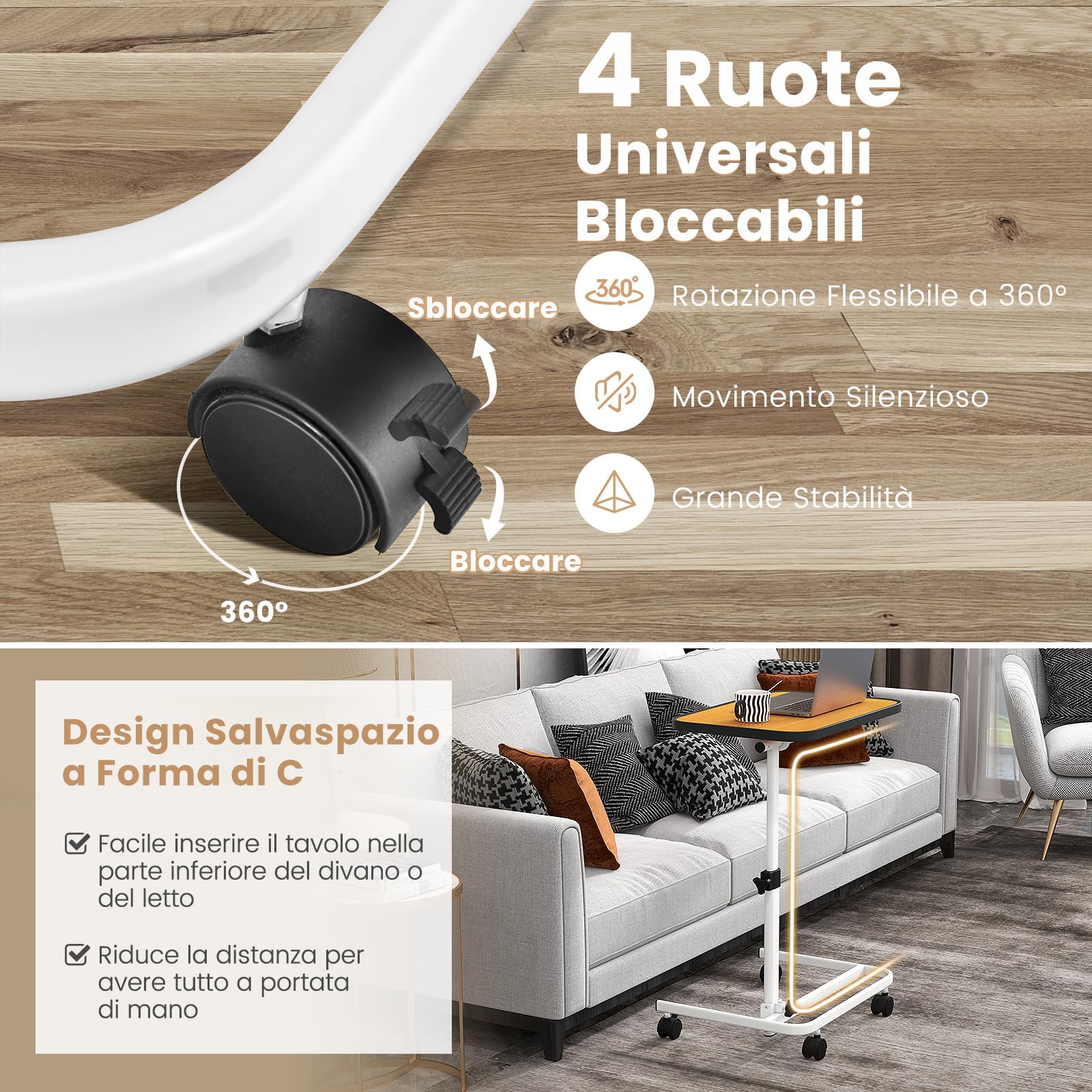 COSTWAY Tavolino da Letto e Divano con Ruote Bloccabili, Tavolino Porta PC con Altezza Regolabile in 9 Posizioni e Piano Inclinabile, Tavolino Servitore Letto per Mangiare e Lavorare (Legno)