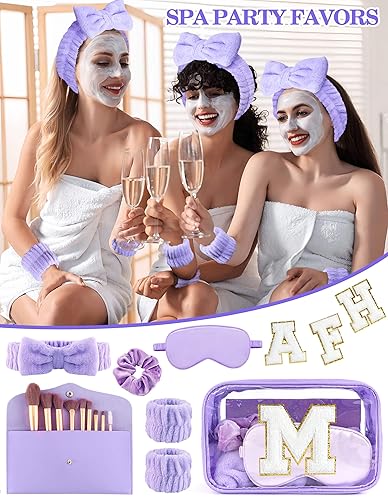 Miniatura 5 de Gift Sets for Women, Initial Makeup Bag with Makeup Brush Set Bachelorette Party Favors, Purple Spa Kit with Skincare Headbands Wrist Bands