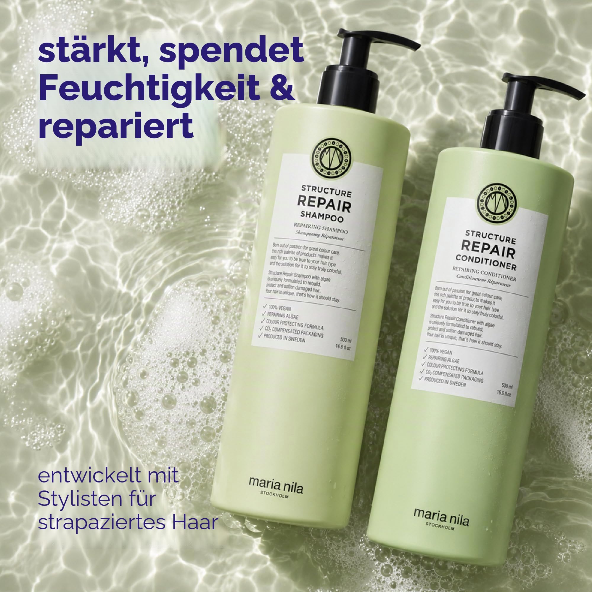 Maria Nila Shampoo und Conditioner Set für extrem geschädigtes Haar - Structure Repair Duo Bundle Repair Haarpflege Set mit Algenextrakt, intensive Tiefenpflege, intensiv, vegan, sulfatfrei, 2x 500ml | Maria Nila Structure Repair Set Shampoo und Condition