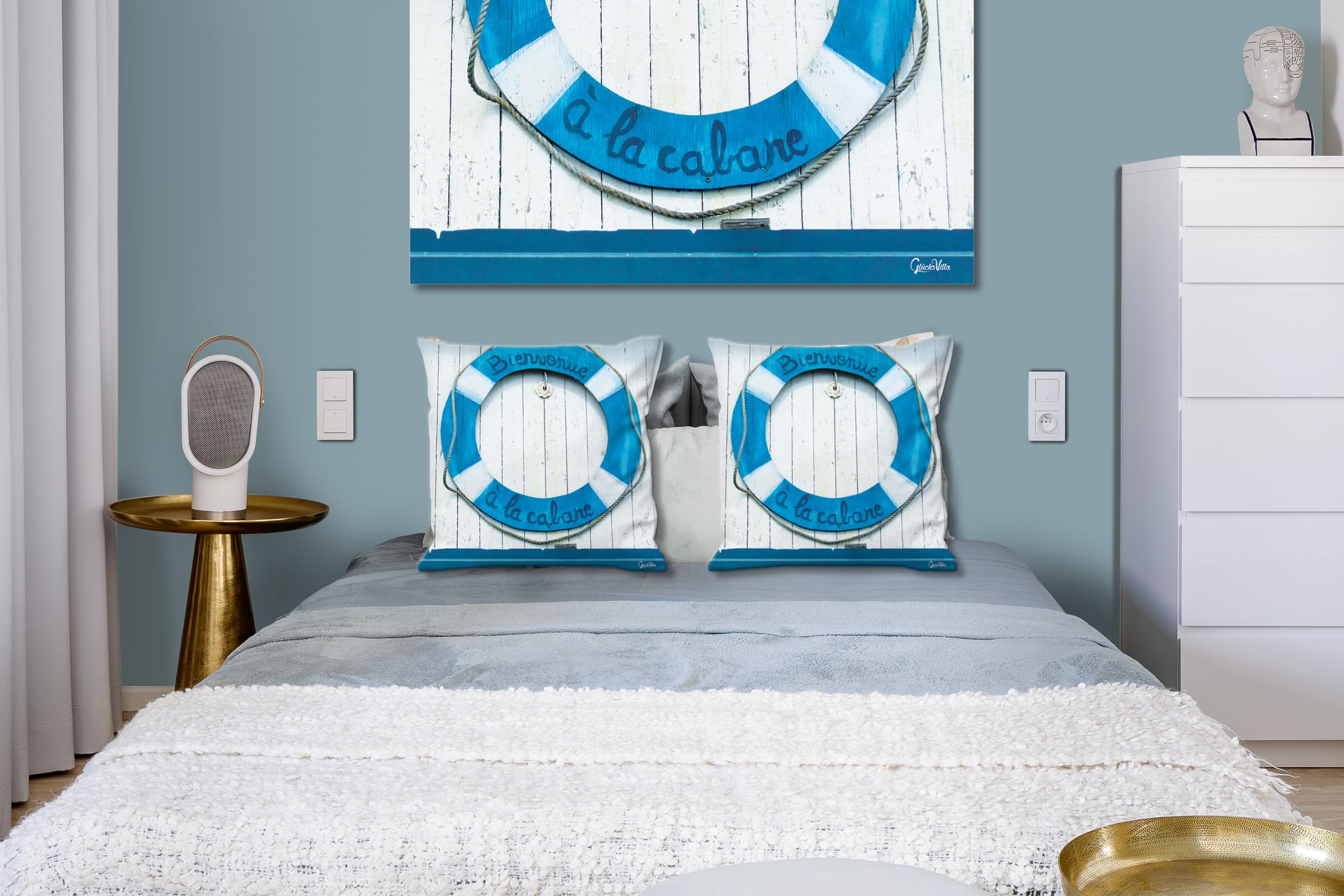 Bienvenue - Foto-Kissen-Hülle Set (2 STK.) 40 x 40 cm | Kissen-Bezüge - passend zu Wandbild - Deko-Kissen - Rettungsring willkommen maritim