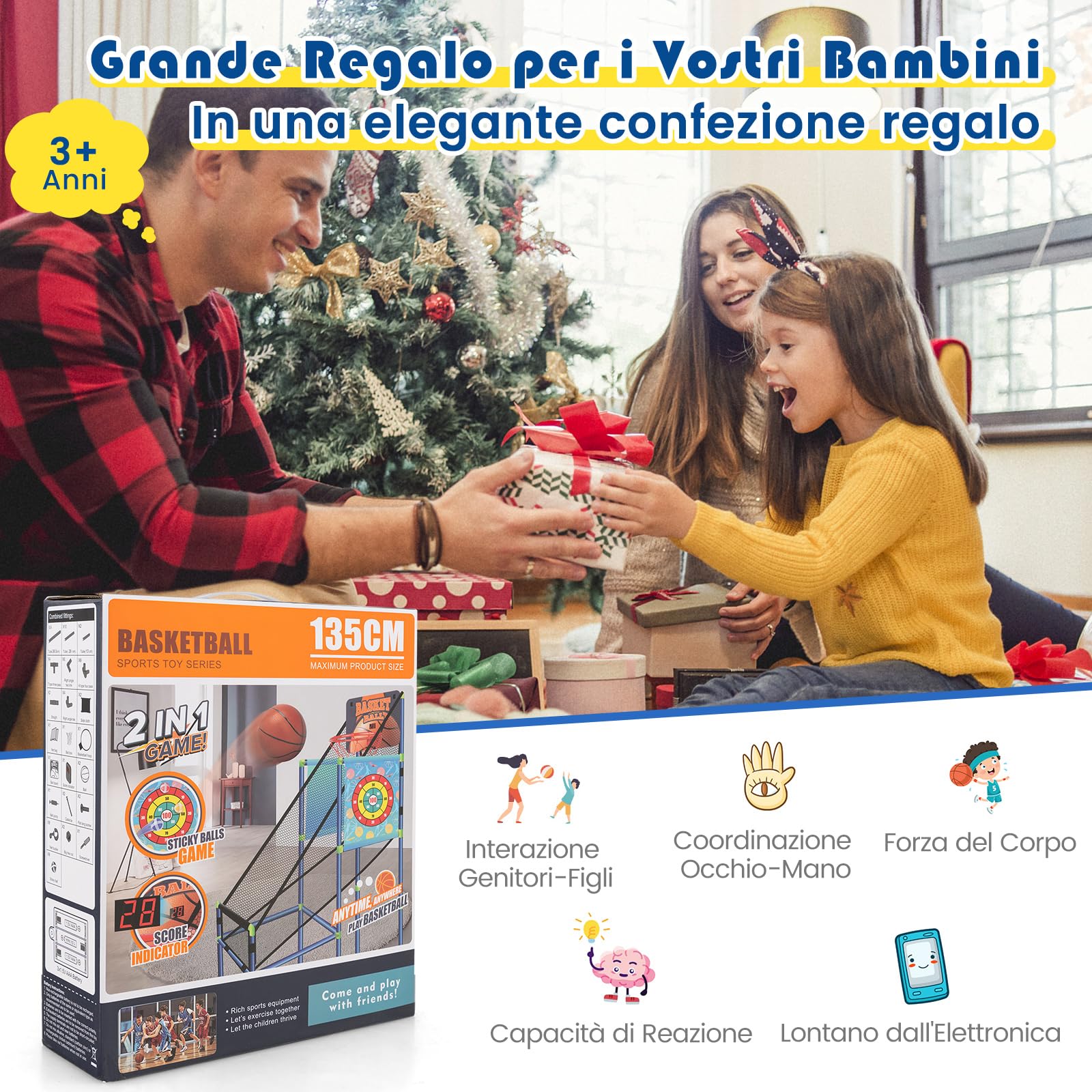 COSTWAY Macchina da Pallacanestro per Bambini, Set Giochi 2-in-1 da Interno ed Esterno per Basket e Palline Attaccanti con Segnapunti Elettronico ed Effetti Sonori, Regalo per Bambini e Bambine 3+