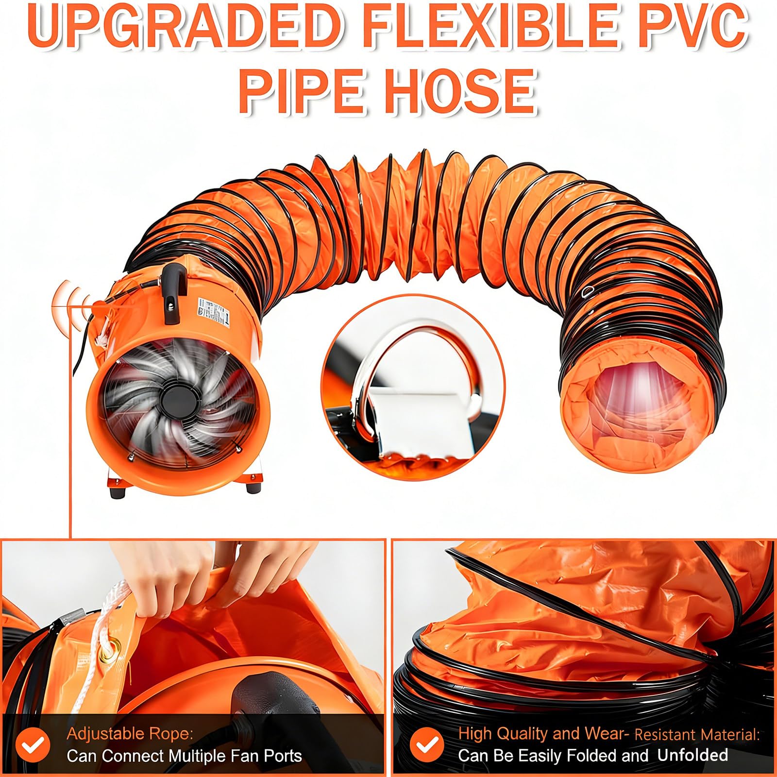 Ventilador de extracción Industrial portátil: con Manguera de extracción Larga, para construcción de tuberías y Naves industriales 10M-airduct-Φ9.8in