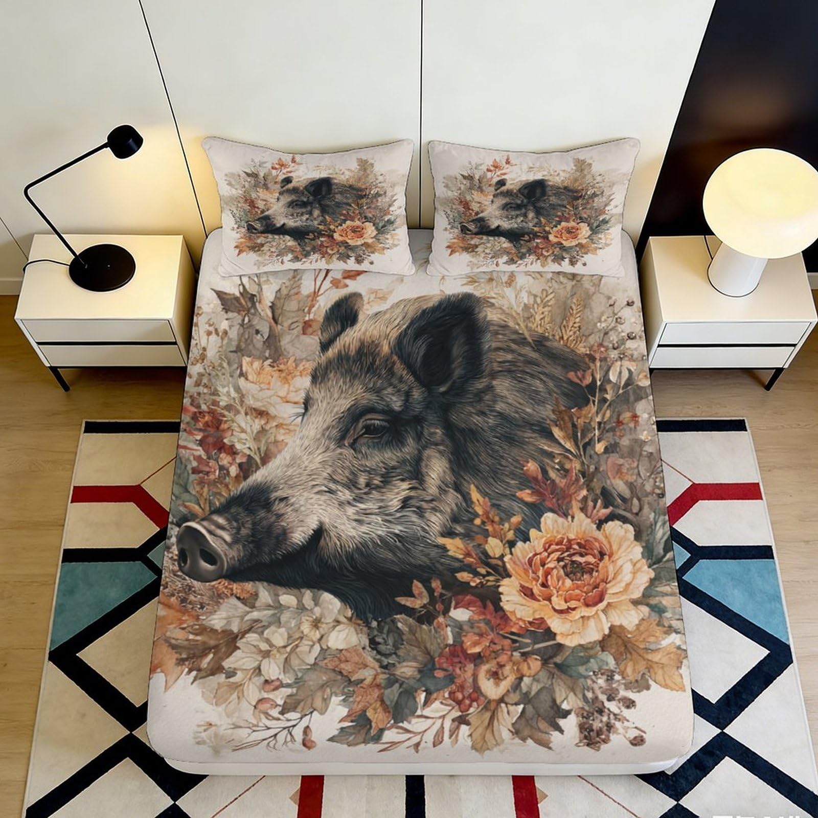 Decorative Wild Boar Fitted Sheet 3D Printed, Microfiber Soft Touch Bed Cover, Bedroom Decor, Guest Room Bedding, Easy Care 90x200x25cm