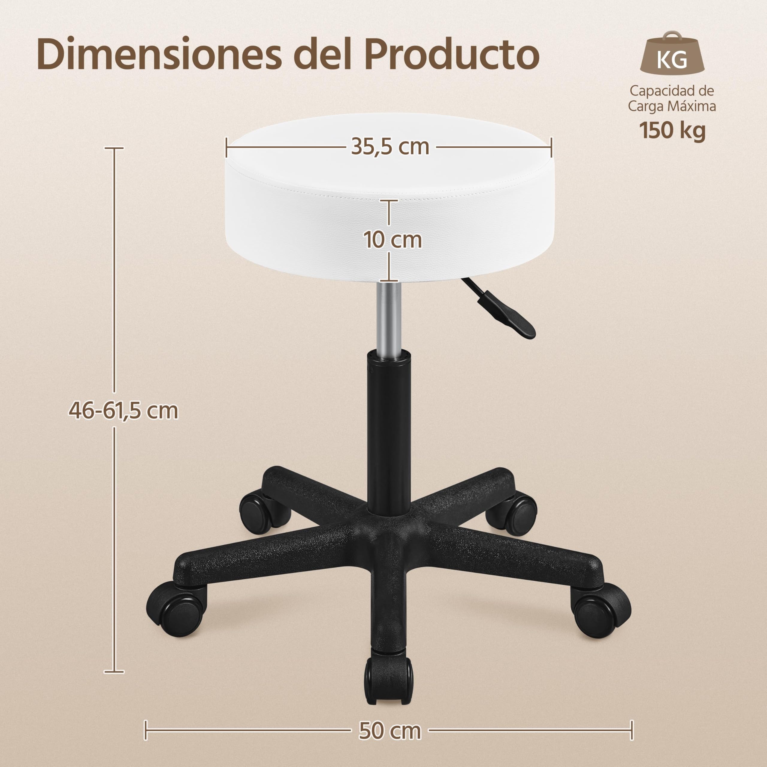 Yaheetech Taburete de Bar, con Ruedas, Silla Alta, Regulable en Altura, Giratorio, Cubierta PU, Trabajo para Salón de Belleza, Peluquería, Oficina, Consultas Blanco
