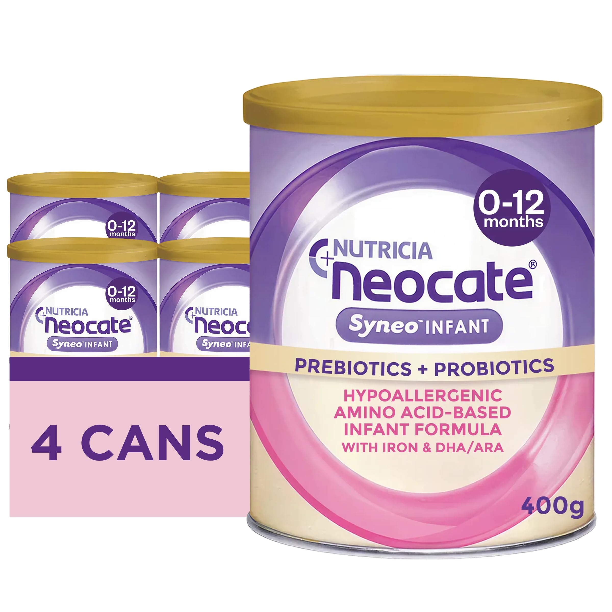 Neocate Syneo Infant - Hypoallergenic, Dairy-free, Amino Acid-Based Baby Formula with Prebiotic Fiber, Probiotics & DHA/ARA - Food Allergy-Friendly Formula - 14.1 oz (Pack of 4)