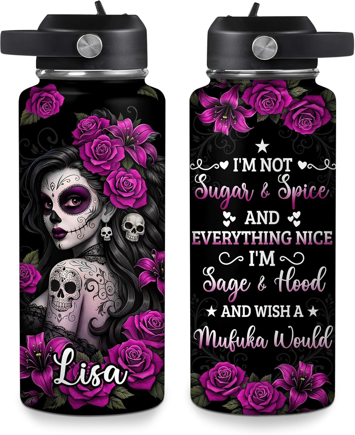 Hyturtle Personalized Sugar Skull Water Bottle - Travel Insulated Stainless Steel Bottle with Leak-Proof Lid 18oz 32oz - Gothic Style Gift for Women, Sugar Skull Lovers - Birthday & Christmas Gift