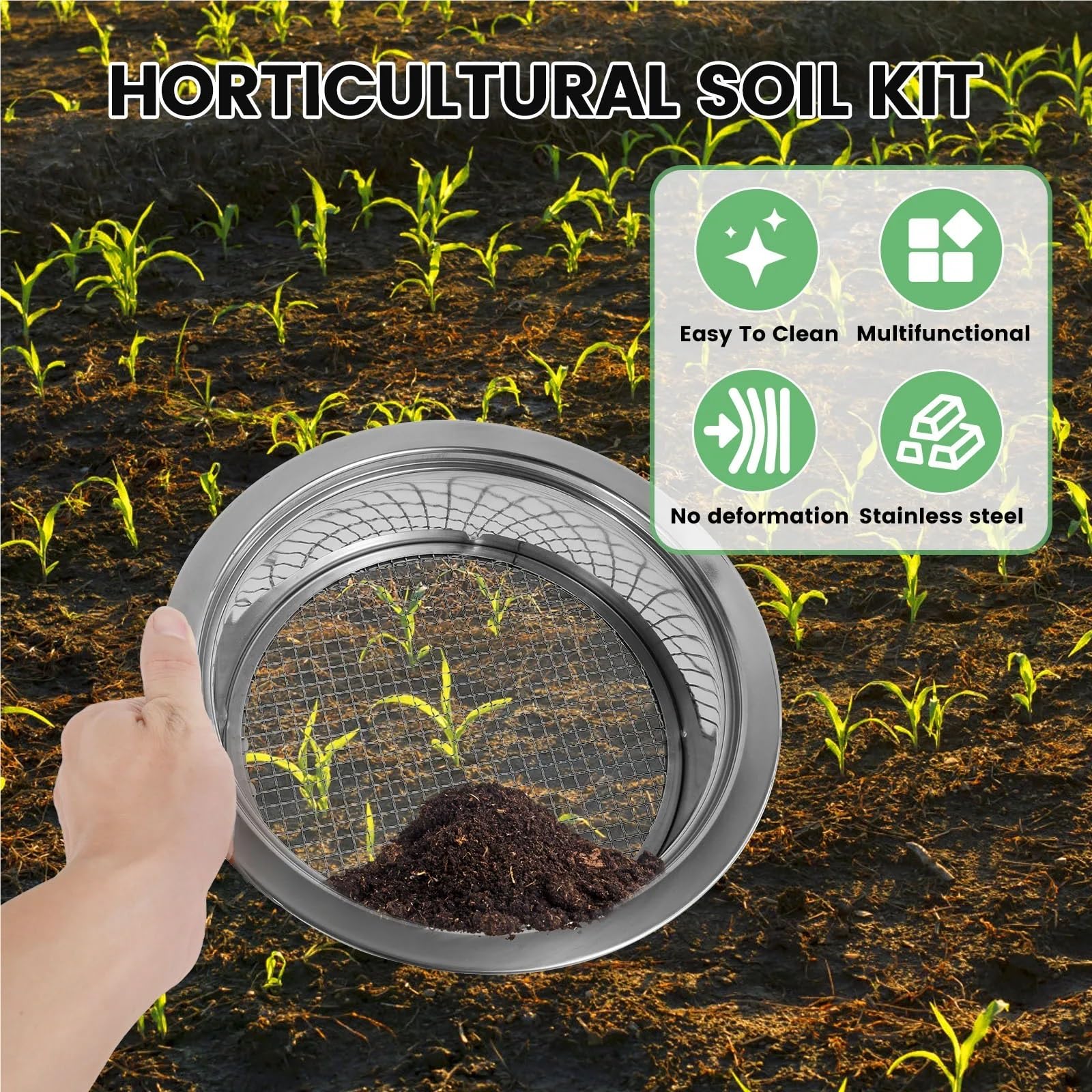 Handheld Seed Planter Gartenerde-Sieb-Set, Edelstahl, Bonsai-Steinsieb mit 5 auswechselbaren Filtermaschengrößen(A)