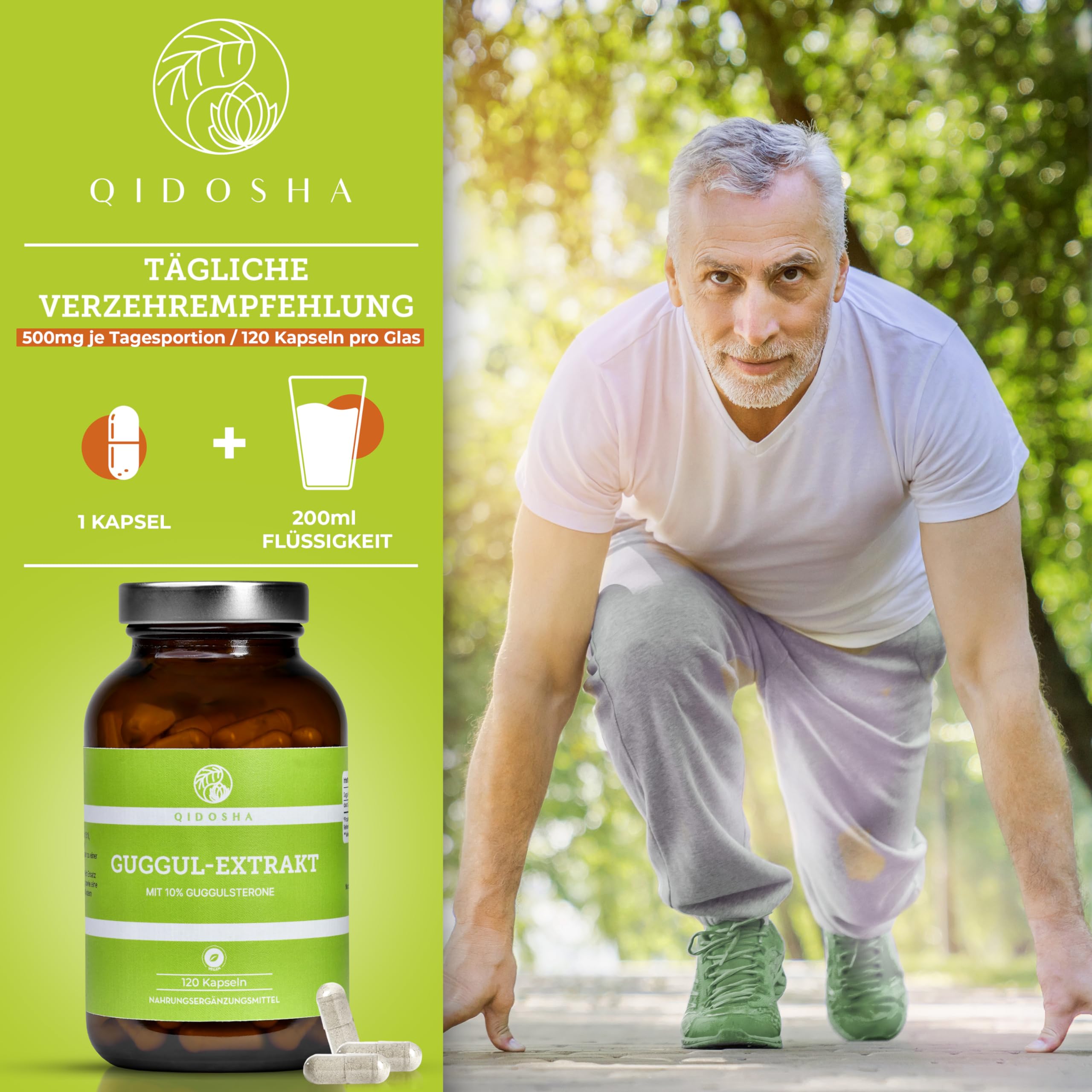 QIDOSHA® Guggul Extrakt Kapseln hochdosiert mit 10% Guggulsterone, 120 Guggulu Kapseln im Apothekerglas, Guggulu Extrakt 500mg je Kapsel mit 50mg Guggulsterone, höchster Guggulsterone-Anteil am Markt