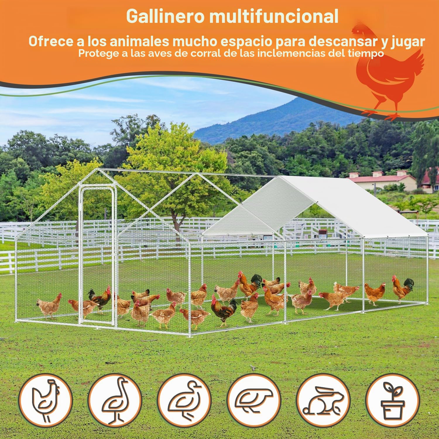 Herrselsam Gallinero para Gallinas Ponedoras para Exteriores, 3x6x2m Gallinero para Exteriores con Marco Galvanizado, Recinto con Cubierta de Tela Impermeable, Cerradura, para Pollos, Patos y Conejos