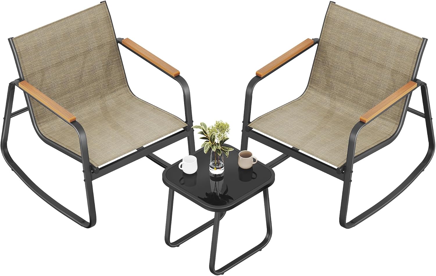SONGMICS Garden Furniture Set, Patio Furniture, 2 Rocking Chairs and Table, Outdoor Furniture, Steel, with Armrests, Breathable Synthetic Fabric, Backyard, Terrace, Light Brown GGF0027KZ01