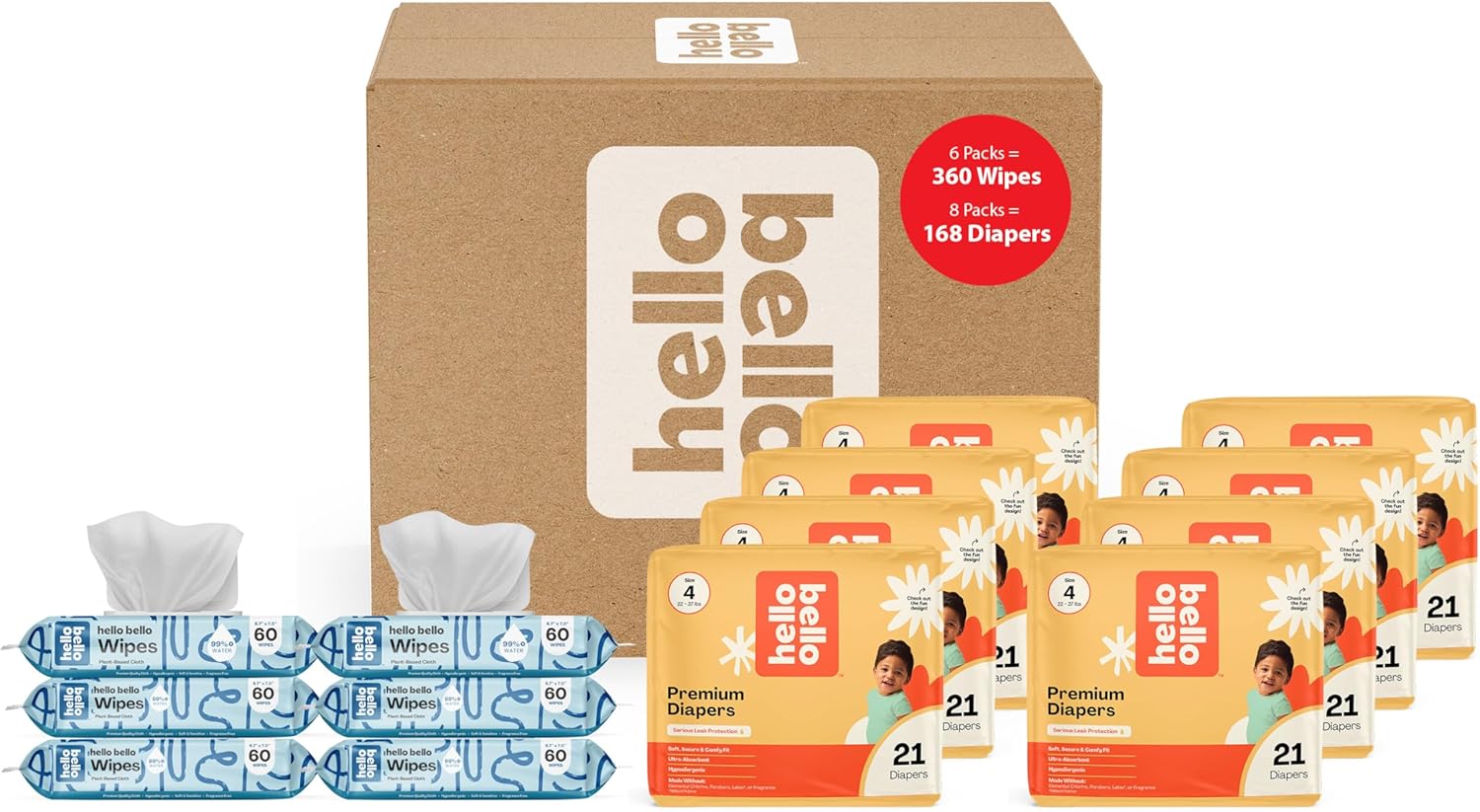 (Packs missing) Hello Bello Mega Surprise Pack, Size 4 (22-37 lbs), 168ct Hypoallergenic Assorted Diapers with a Soft, Cloth-Like Feel Plus 360 Ultra Gentle Unscented Baby Wipes in 6 Resealable Packs Mega Pack (Neutral) With Wipes Size 4