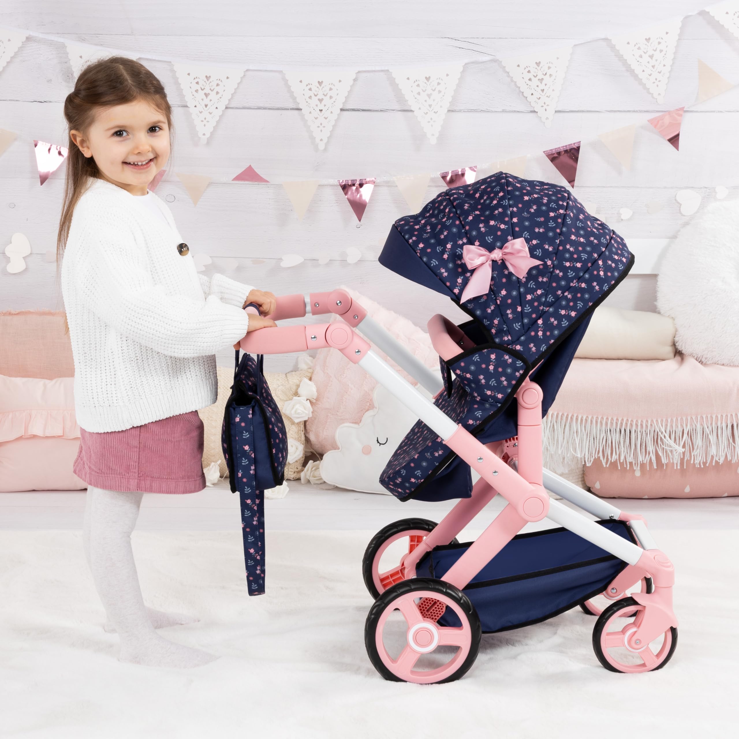 Bayer Design Puppenwagen Xeo mit Tasche, höhenverstellbar, wandelbar | wandelbar als Puppenjogger, Schwenkschieber, verstellbarer Griff, bewegliche Vorderräder, integrierter Korb