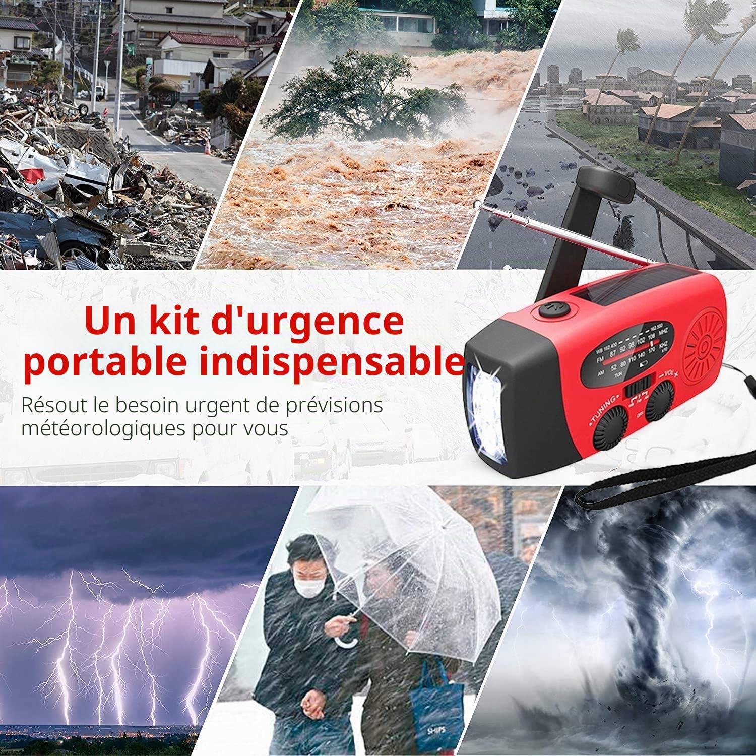 Radio Solaire d’Urgence, Radio à Manivelle Auto-alimentée avec Lampe de Poche LED, Météo AM/FM/WB avec Batterie Rechargeable 2000mAh pour Le Chargement d’Urgence du Téléphone Intelligent