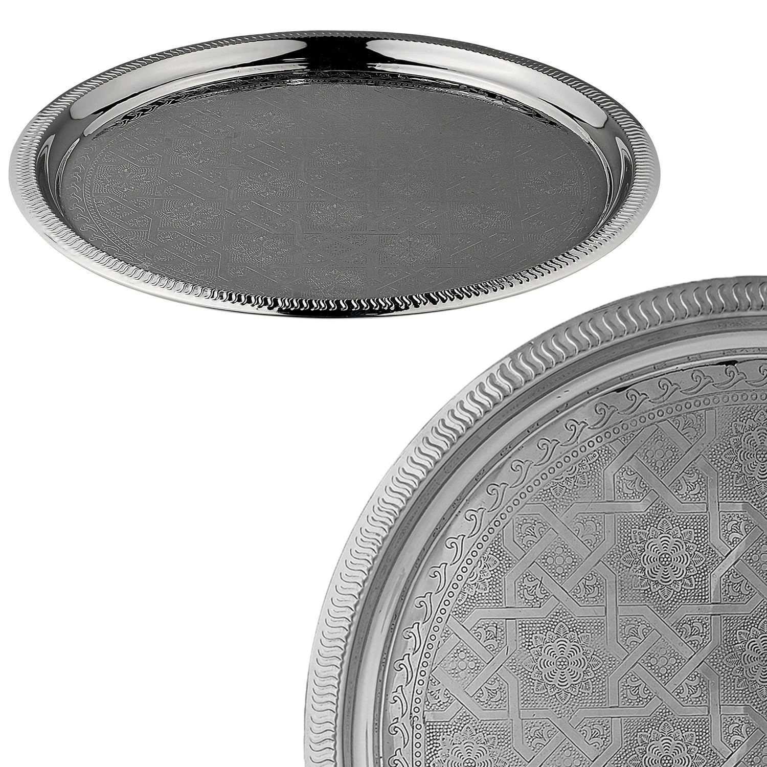 Orientalisches Serviertablett Nacera rund aus Metall in Silber 38 cm