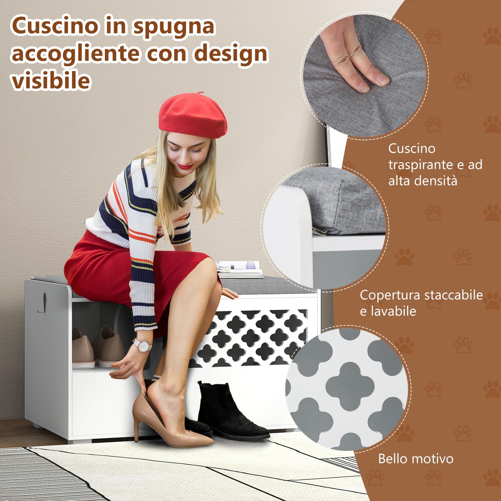 COSTWAY Mobile per Lettiera per Gatti, Panca con Cuscino Rimovibile per Gatti da Interno, Bianco, 90 x 48,5 x 52 cm
