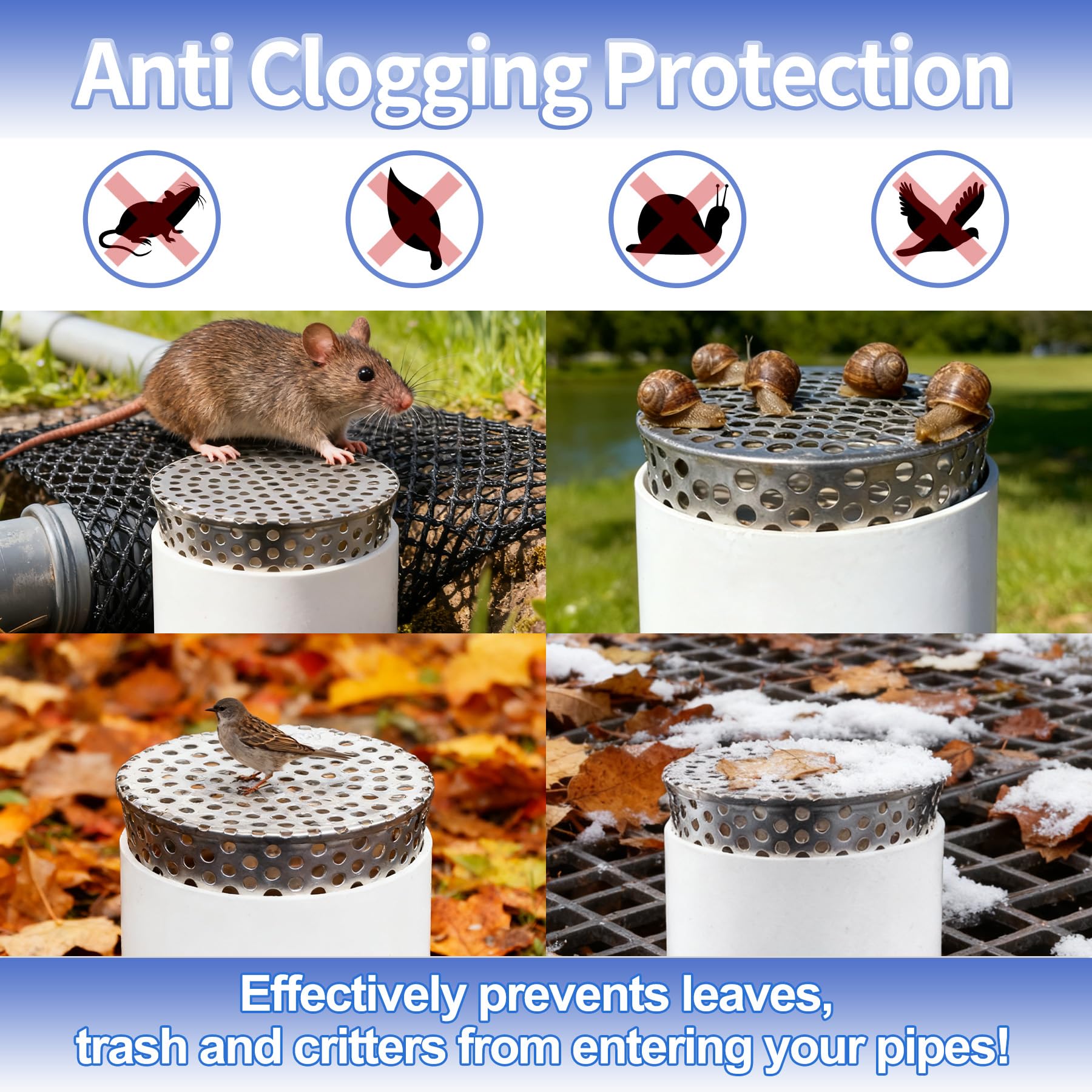 TZEKING 2 Piezas Protectores de Canalón,Protector De Bajantes De 304 Acero Inoxidable,Rejilla Desague Jardin,Tapa Desague Terraza,Cubierta Antihojas para Canalones,Ideal para Tejados y Cobertizos
