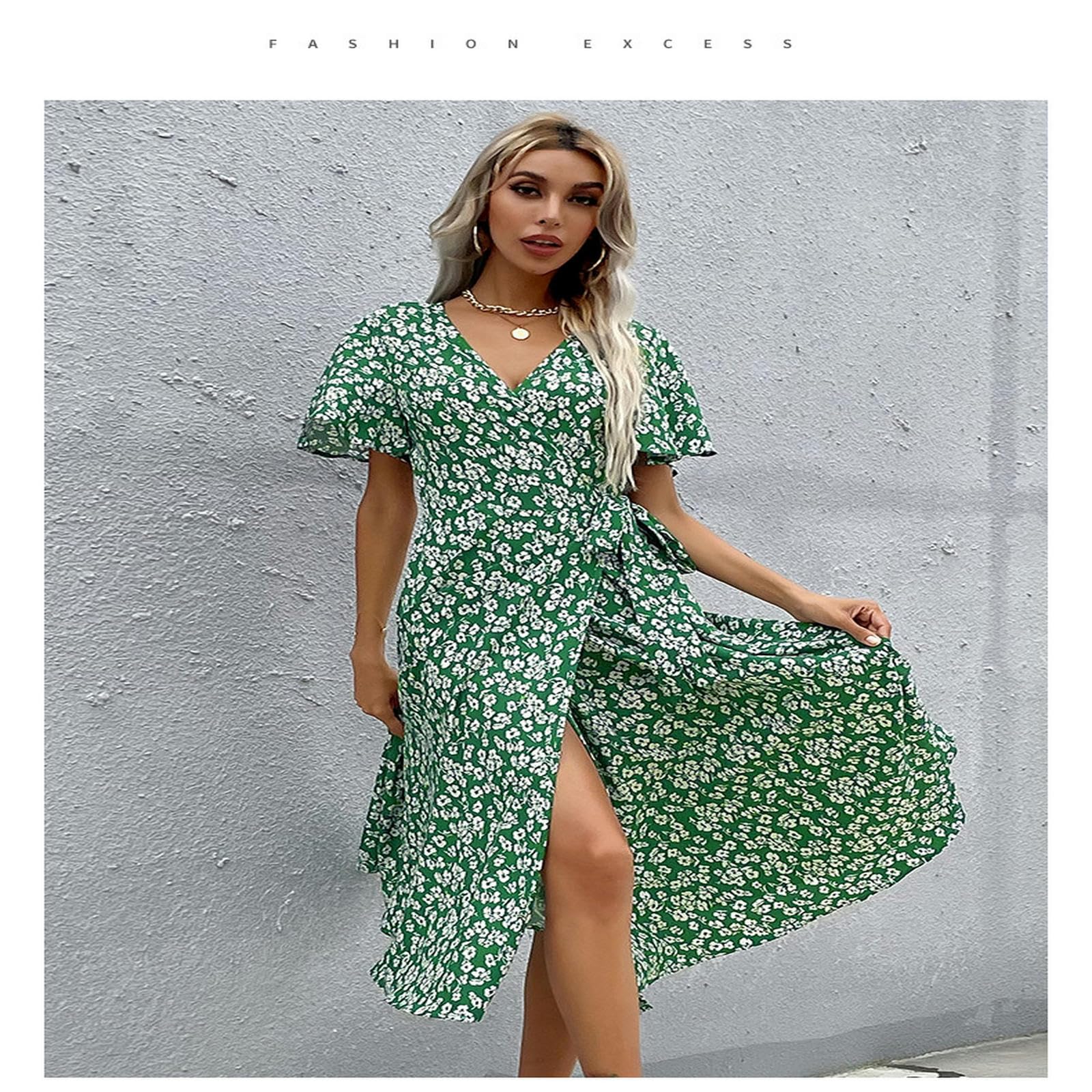 Vestido de verano casual con estampado floral para mujer, manga con volantes, cuello en V, manga corta, falda acampanada YYEFNMAZ