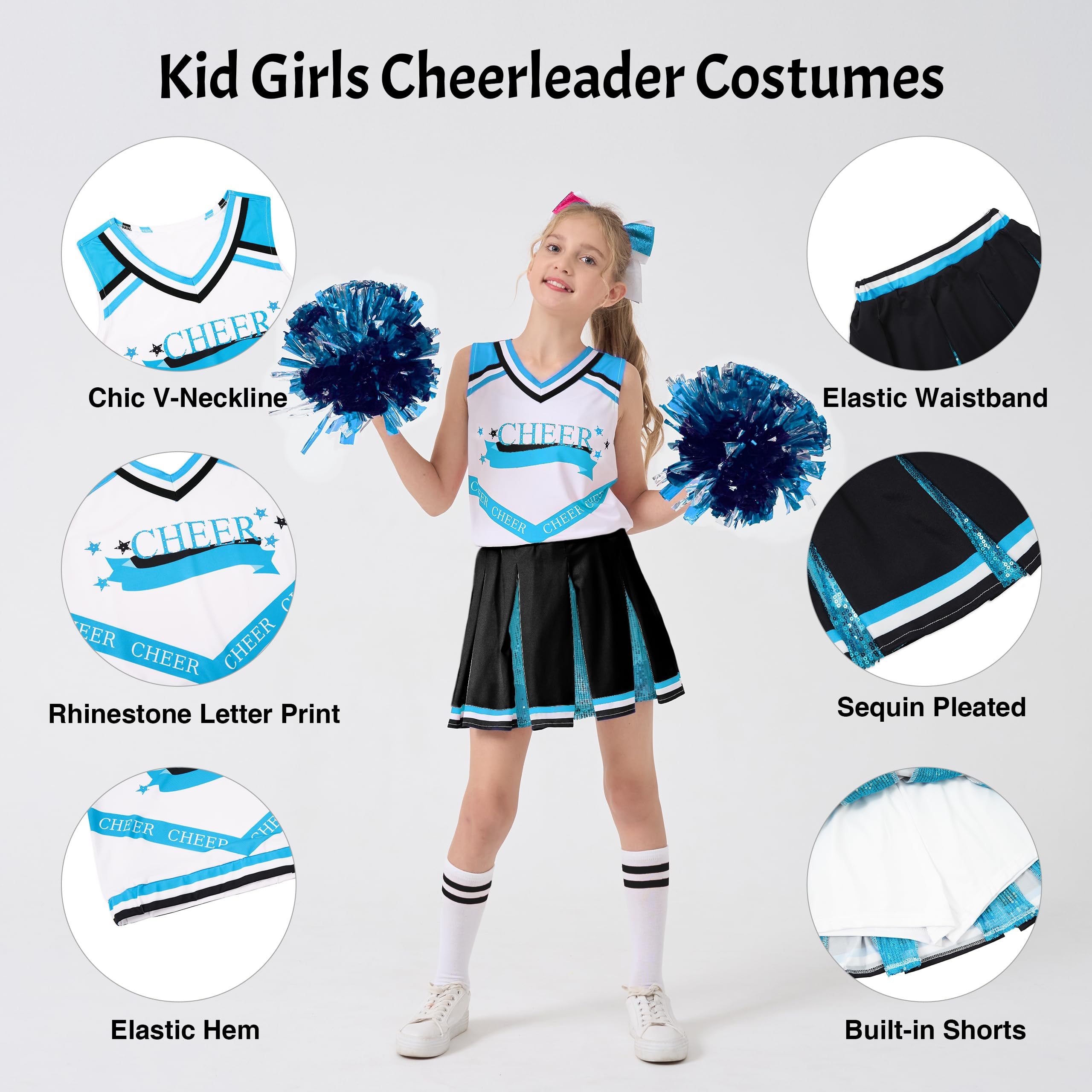 LOLANTA Costume da cheerleader per ragazze, uniforme da cheerleader per bambini con glitter per Halloween | 5 abiti da cheerleader glitterati con calzini e pompon, per Halloween, cosplay, feste in maschera, Natale, 4-15 anni