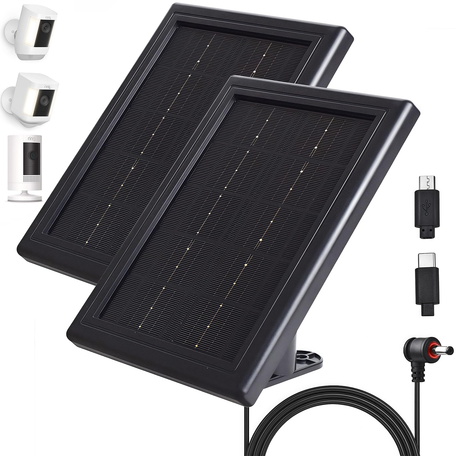 Caricatore a pannello solare per fotocamera, 5 V, 3,5 W, caricatore solare compatibile con anello, batteria a camma, telecamera di sorveglianza wireless per esterni, cavo da 16,4 piedi (nero
