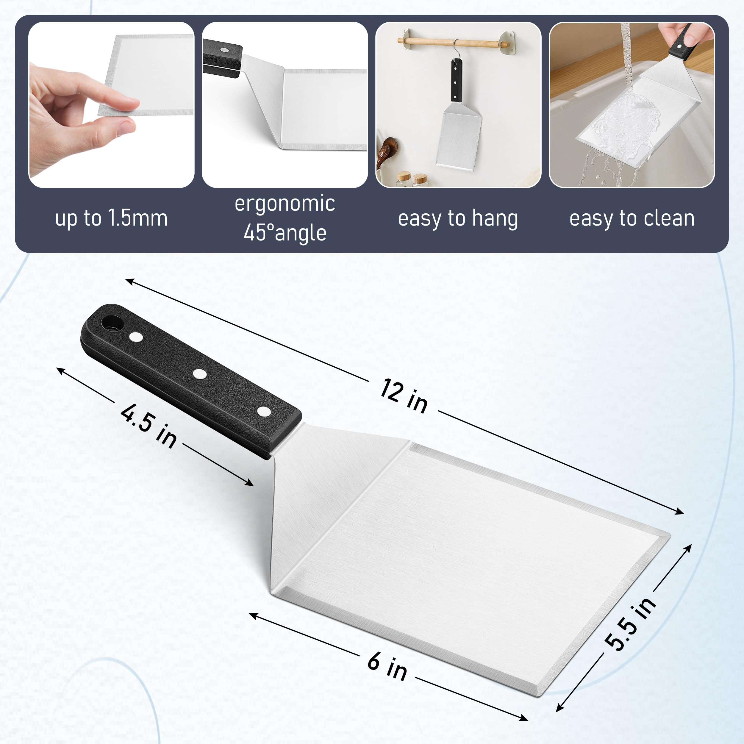 HaSteeL Juego de 2 espátulas de metal de acero inoxidable para plancha grandes con mango de ABS, volteador de hamburguesas resistente, ideal para cocinar barbacoa Teppanyaki, apto para lavavajillas y